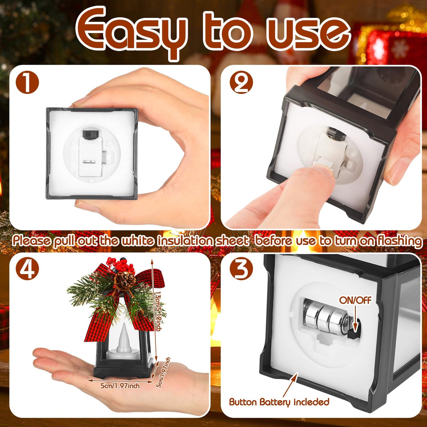 Set of 6 Christmas Mini Decorative Lanterns with Flickering LED Flameless Candle Hanging Lantern Decoration Bulk with Buffalo Plaid Bow Battery Included for Xmas Party (Red Plaid Bow)