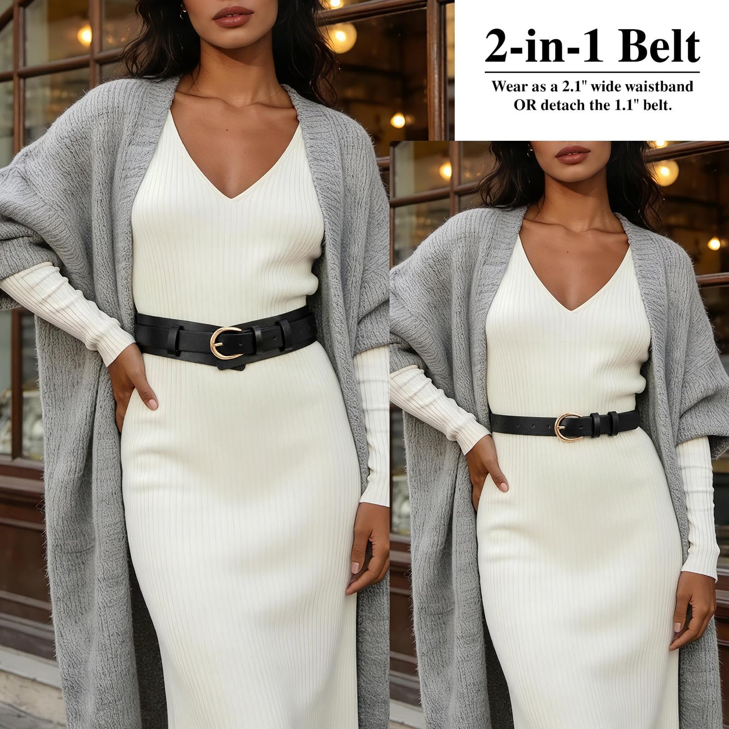 SANSTHS Belt for Women 2-in-1 Waistband for Dress Coats Pants, Women Wide Leather Belt with Fashion Buckle, Black M