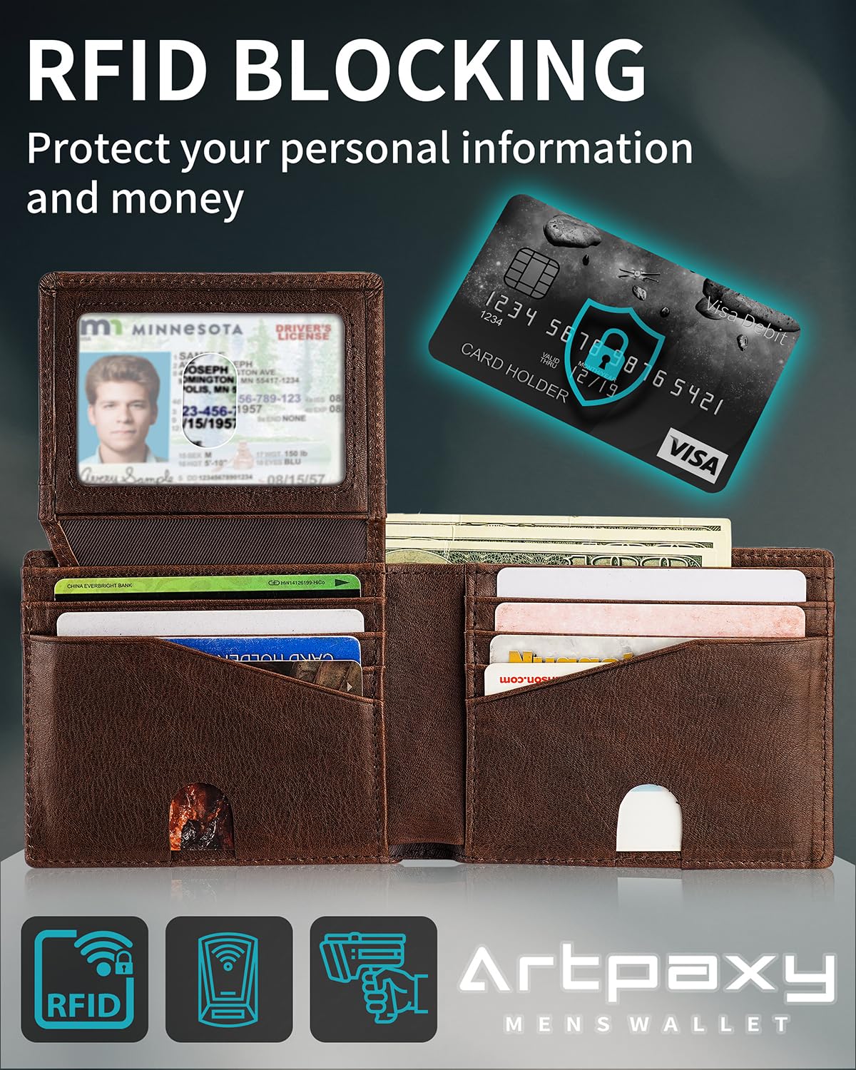 Mens Wallet With AirTag Holder, Bifold Leather RFID Blocking 2 ID Windows 12 Card Holders, Gift Box and Screen Protector Included, AirTag Not Included