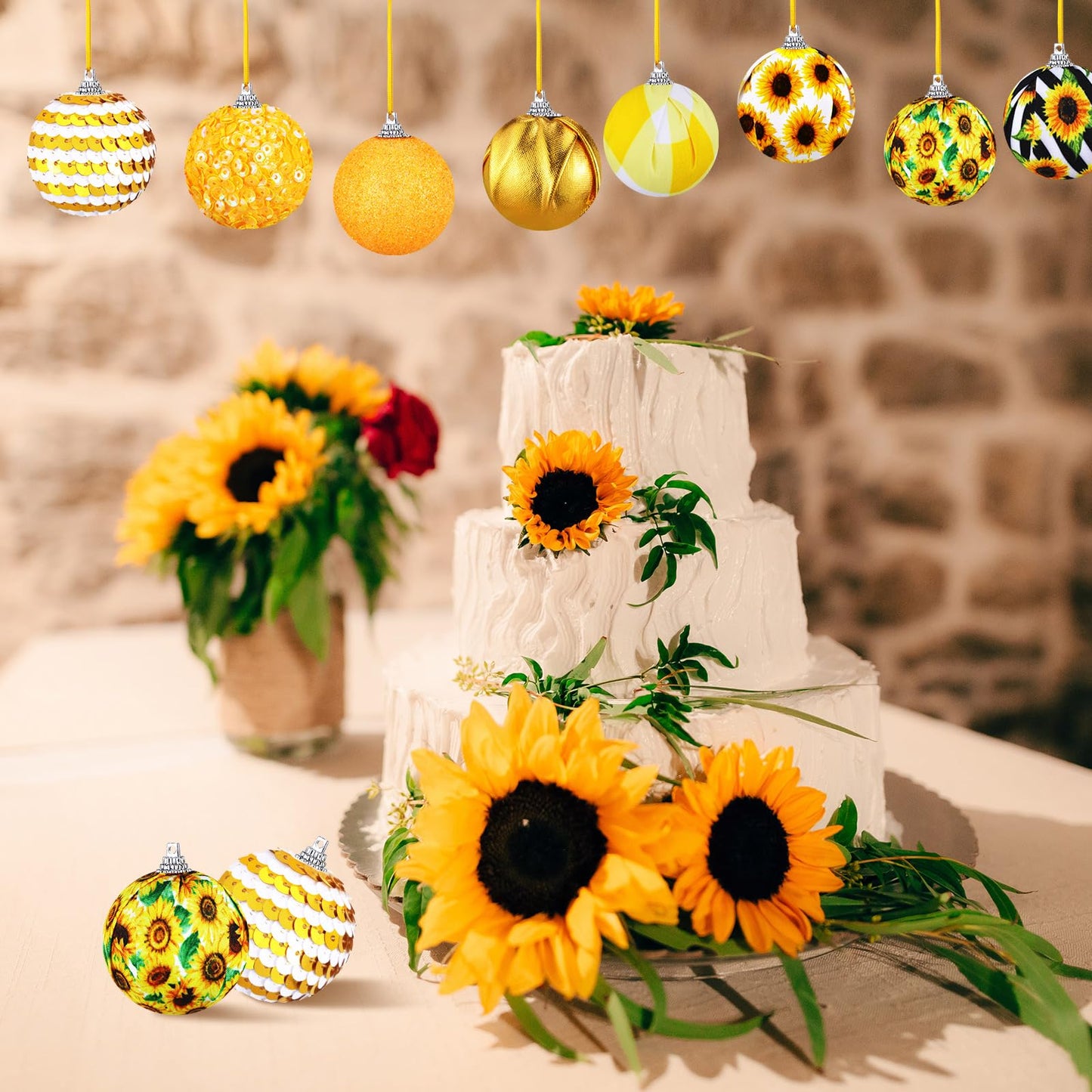 Zeyune 16 Pcs Summer Tree Ornaments Christmas in July Sunflower Hanging Decorations for Small Tree, Yellow Hanging Sequin Ball Ornaments with Ropes, Beach Luau Hawaiian Holiday Party Supplies(Fresh)