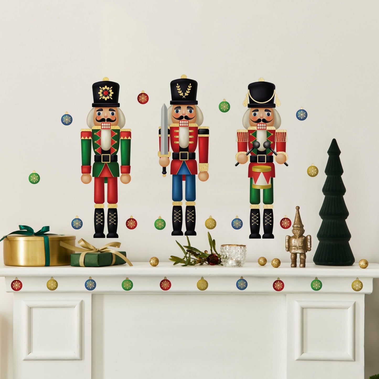 Wall Wear Classic Christmas Decal Kit – 9 Peel & Stick Sheets with Festive Ornaments, red Bows, Nutcracker & Wreaths. Removable, Water-Resistant & Rental-Safe Holiday Wall décor.