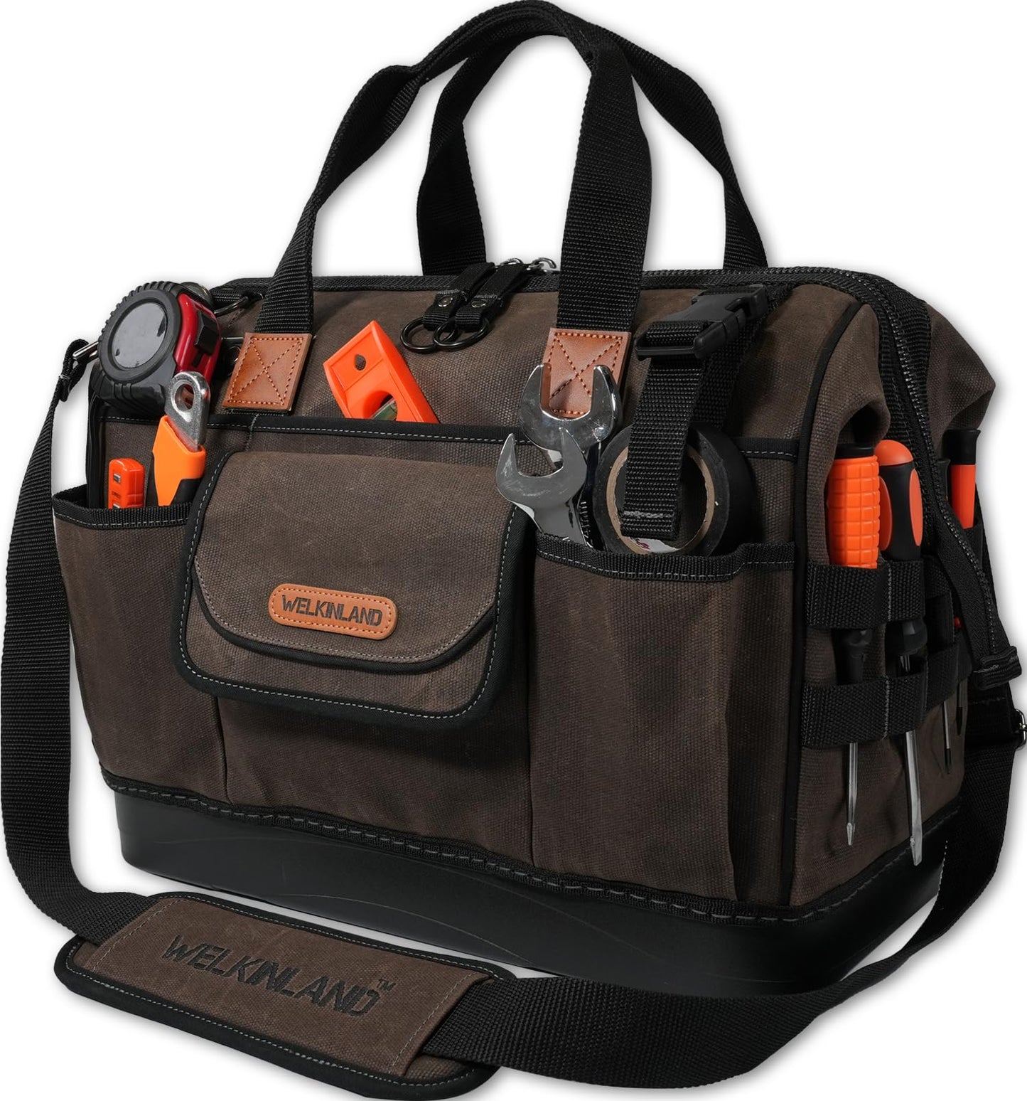WELKINLAND 45-Pockets Waxed Canvas Tool Bag, 16-Inch Heavy-Duty electrician tools bag, Hard-Bottom HVAC tools bags, Large-Open technician tool bags, Electrical tool bag, Maintenance tool bag