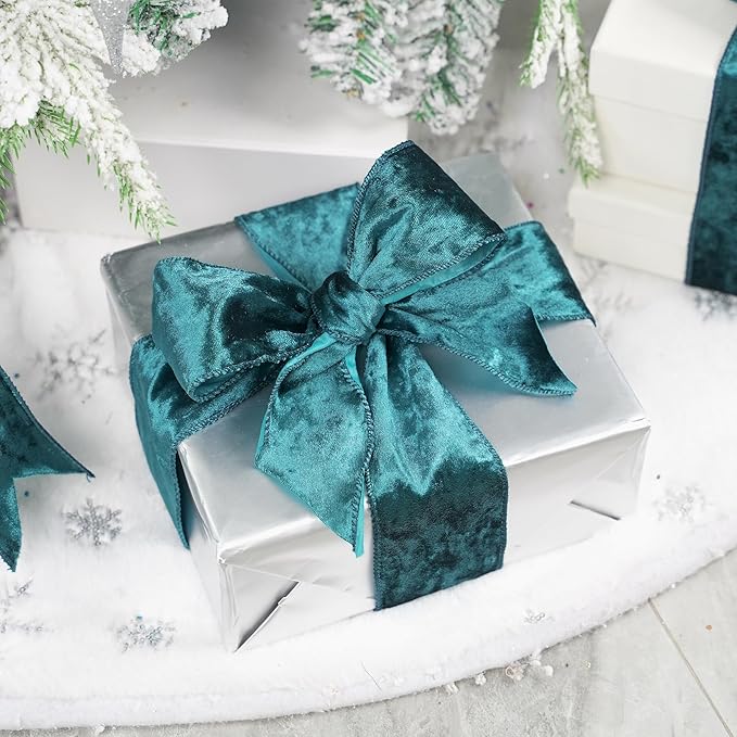 MEEDEE Teal Velvet Ribbon - 2.5 Inch Wired Velvet Crushed Teal Blue Christmas Ribbon, 10 Yards for Tree Decoration, Wreath Supplies, Crafts Bow Making
