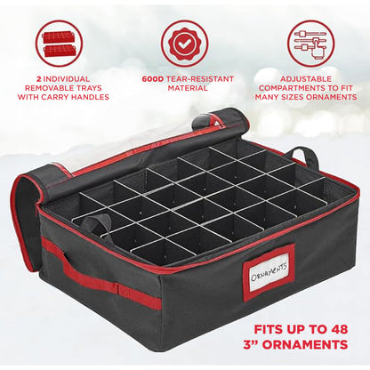 HOLDN’ STORAGE Christmas Ornament Storage Box with Dividers - Fits 48-3” Ornaments, 2 Removable Trays, Durable & Space-Saving, Clear Top Lid, Fits Underbed, Charcoal