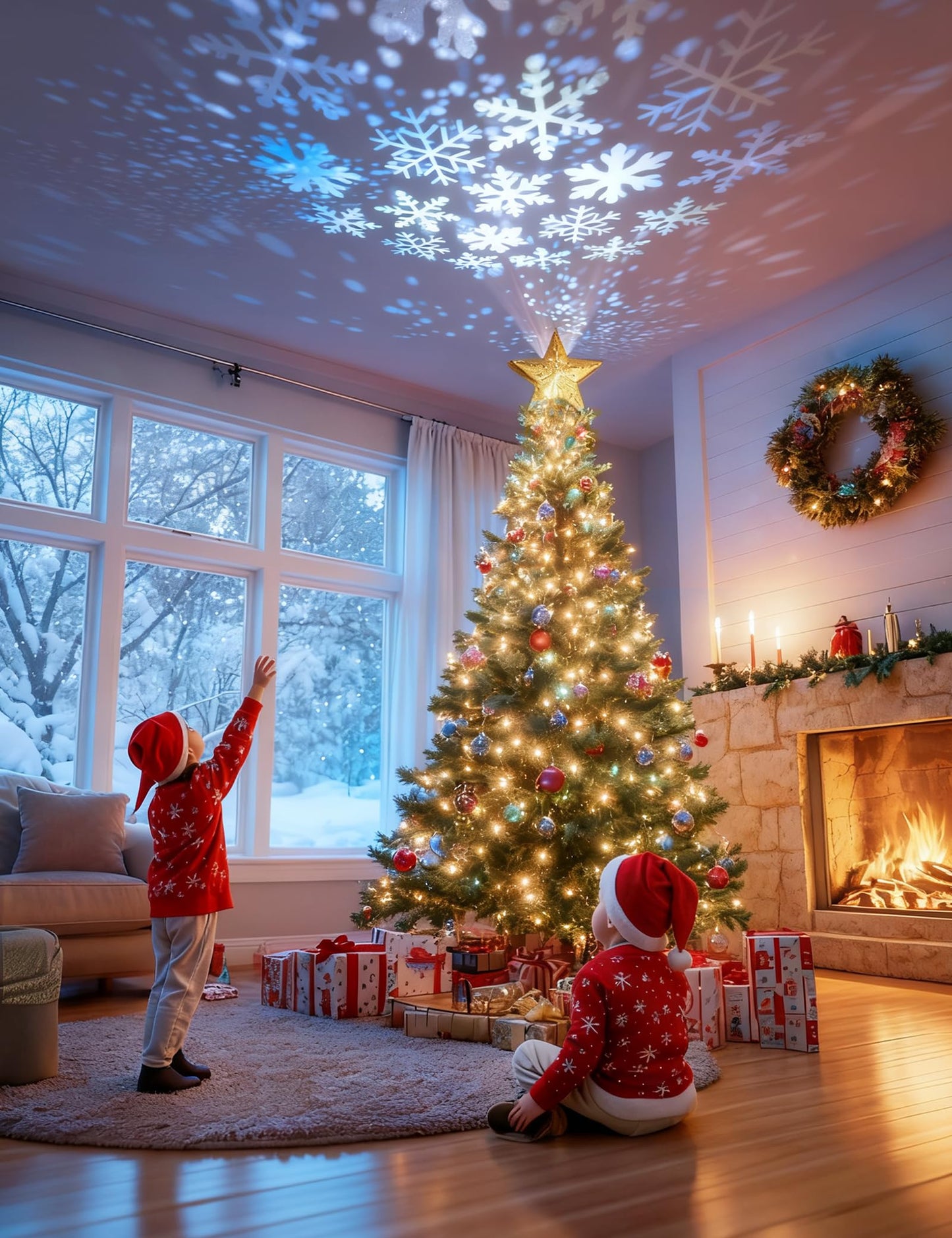 DG-Direct Christmas Tree Topper Lighted Star [Gold],3D Hollow Sparkling Star Christmas Tree Topper with Rotating Magic Cool White Snowflake Projector for Christmas Tree Ornament (Gold)