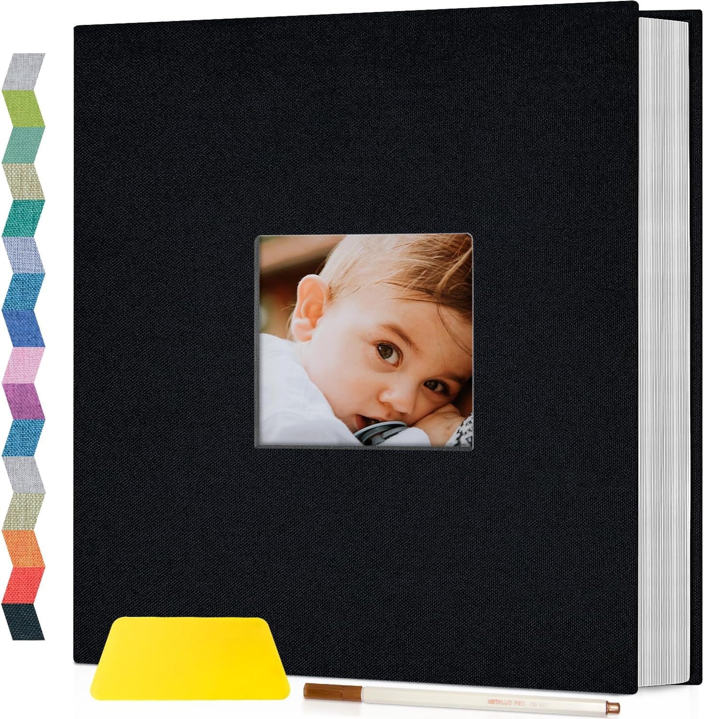Popotop Photo Album Self Adhesive with Picture Display Window,40 Pages DIY Scrapbooking Supplies Kit for 4x6 8x10 Picture,Linen Cover Memory Book for Baby Wedding, with Scraper and Metallic Pen