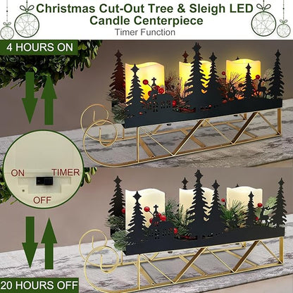 Christmas Centerpiece Table Decorations with Flickering Led Candle Lights Xmas Sleigh Silhouette Candelabrum for Dinning Room, Table, Fireplace, Mantel Holiday Decoration