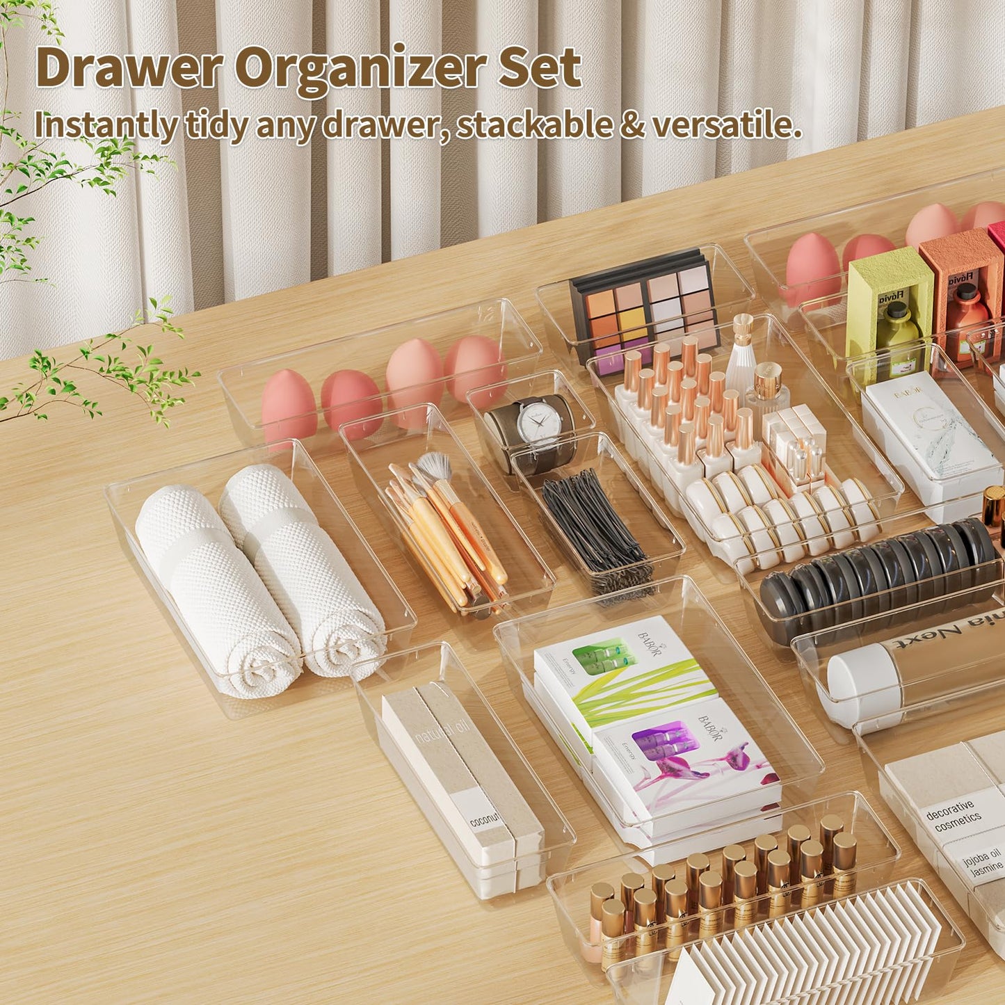Yanosaku 25 PCS Clear Plastic Drawer Organizer Set, 4 Sizes Vanity Organizers, Desk Drawer Divider Organizers and Storage Bins for Makeup, Jewelry, Gadgets for Kitchen, Bathroom, Office