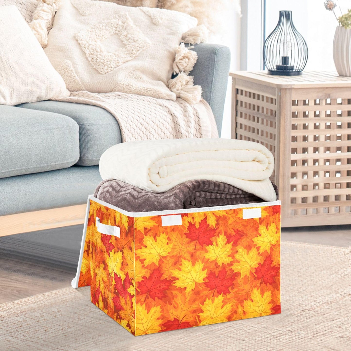 Bolaz Storage Bins with Lids and Handles, Fall Maple Leaves in Autumn Storage Box Storage Basket with Cover Collapsible Organizer Containers for Home Closet, Shelves