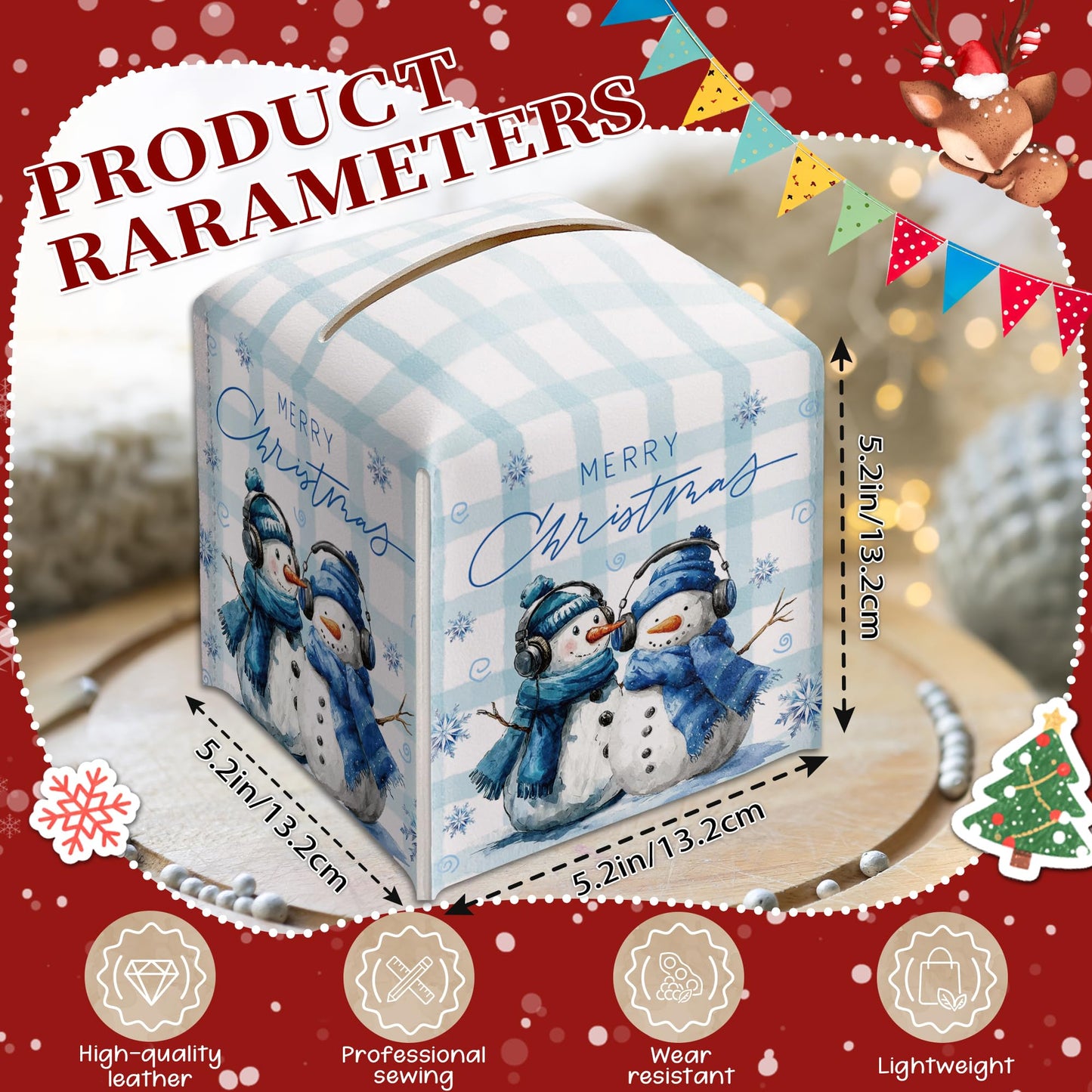 Christmas Snowman Box Cover Square, Blue Checkered Decorative Tissue Box Holder, Waterproof Leather Tissues Boxes Dispenser for Bathroom, Office, Car, Bedroom Nightstand, Home Decor