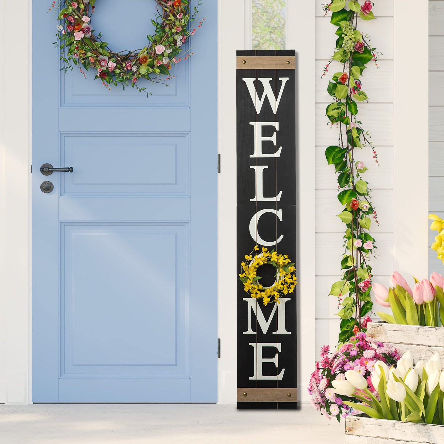 Glitzhome 60”H Welcome Sign for Front Door Porch Farmhouse Wooden Hanging Wall Sign with 4 Interchangeable Floral Wreaths for Seasons Spring Summer Fall Harvest Thanksgiving Christmas Home Decor