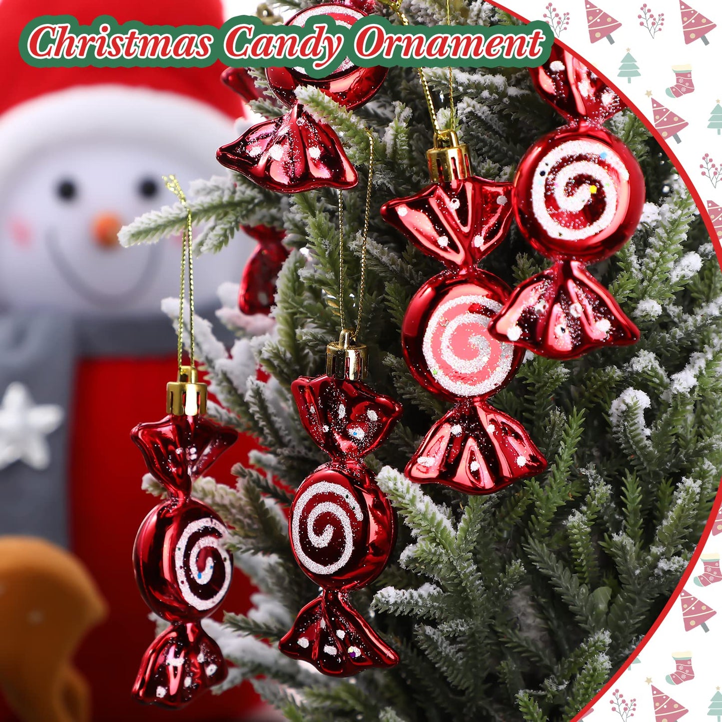 Threan 12 Pcs Christmas Candy Ornaments for Tree Decoration Hanging Glitter Candy Cane Christmas Peppermint Ornament with Golden Rope for Xmas Holiday Decoration(Red,Plastic)