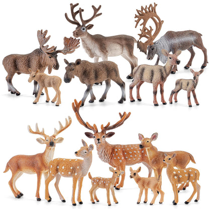 THINKBAY 14 PCS Deers Family Figurines Set - Elk, Reindeer, Moose, Sika Deer, Whitetail Deer - Realistic Solid Wild Animal Figures for Kids 3+, Educational Toys, Cake Toppers, Party Favors