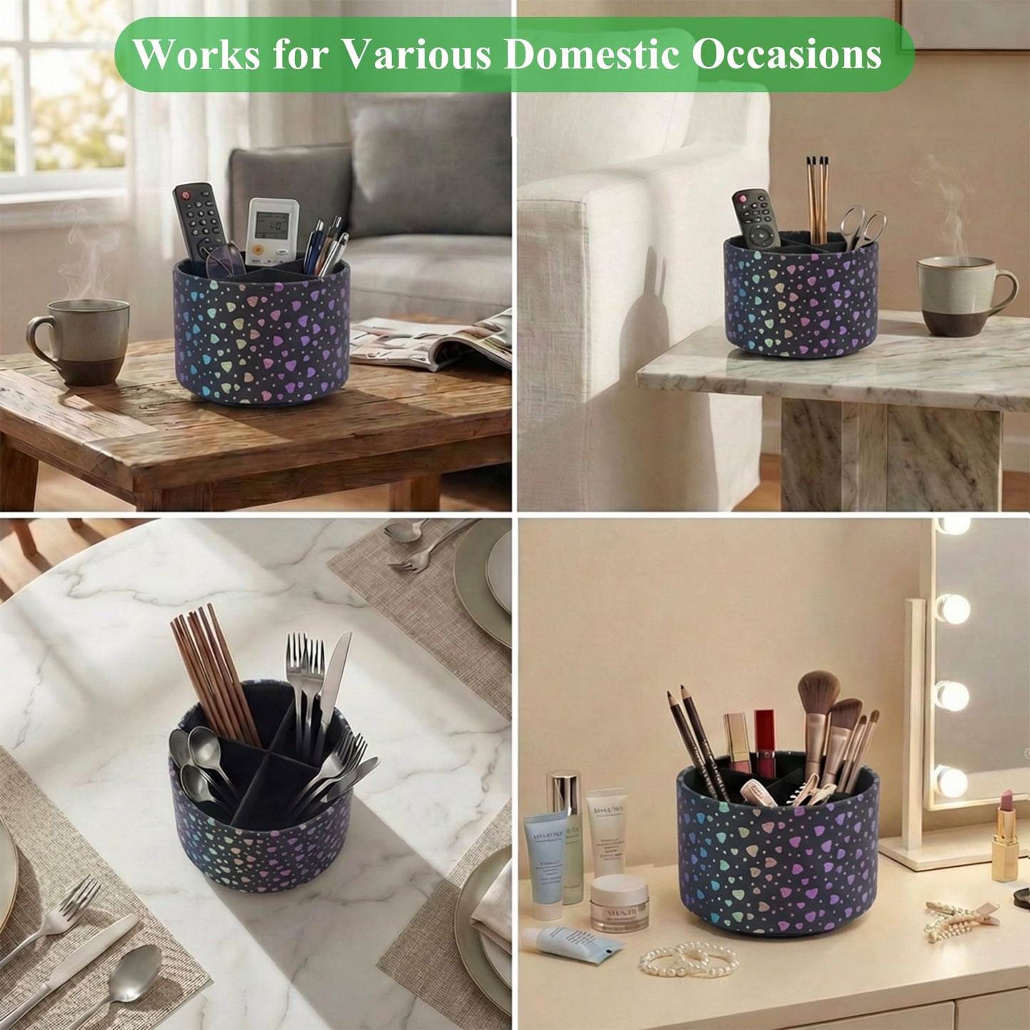 QIELIZI Round Leather Art Supply Organizer,Remote Control Holder,360 Degree Rotating,Multi-Functional Pencil Holder,4 Compartments Desktop Stationary Organizer(1-Heart Black)