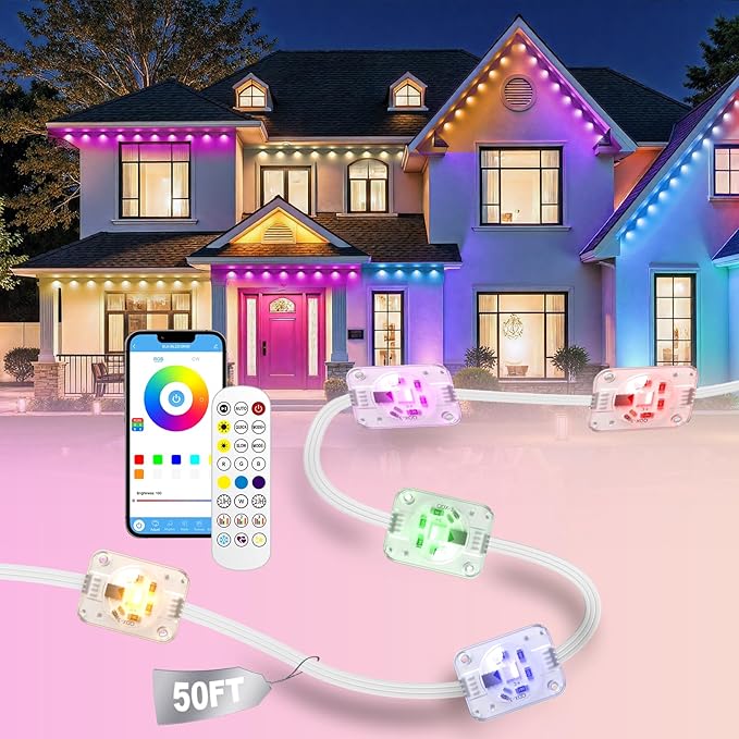 Permanent Outdoor Lights, 50ft RGB+IC Smart LED Lights Outside, IP67 Waterproof Smart Outdoor Decorations with App/Remote Control for Halloween, Christmas, Holiday, Daily, Party
