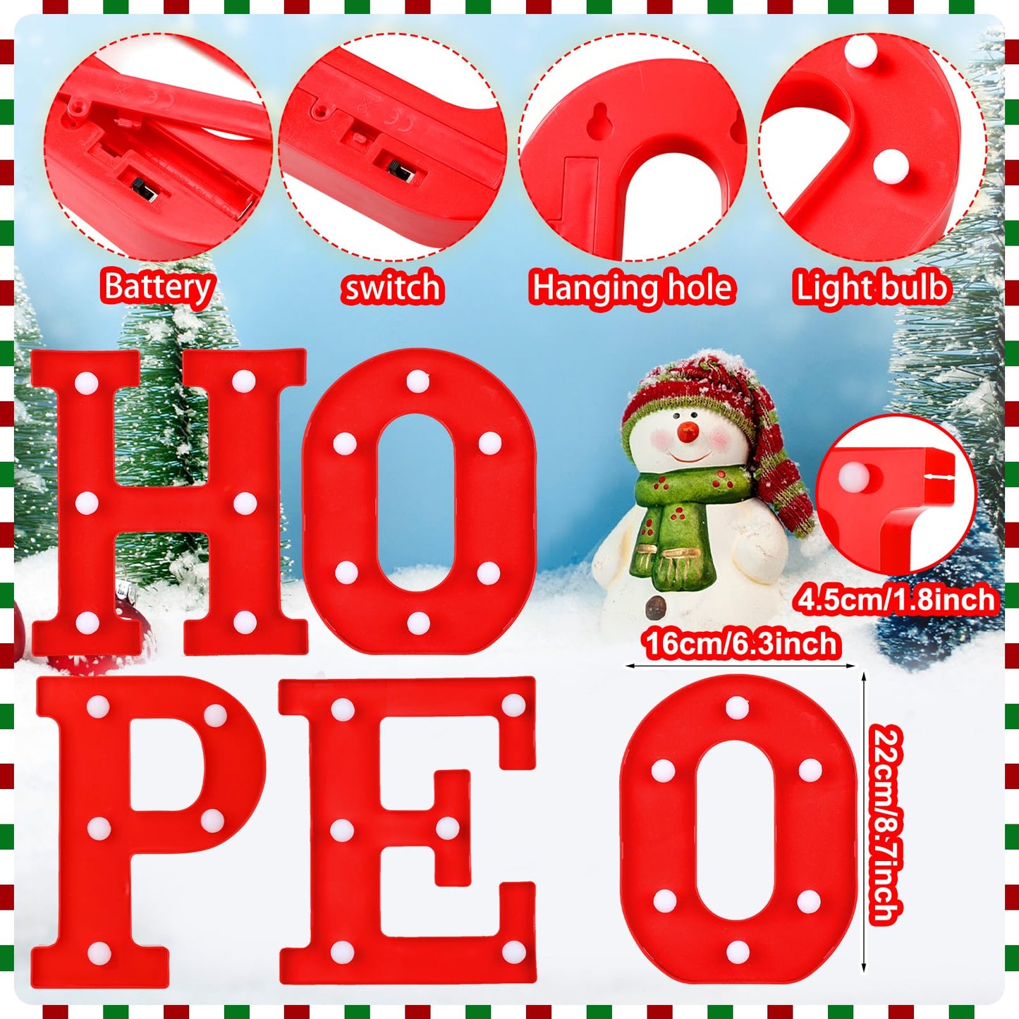 VIHOSE Christmas LED Letter Lights Sign Table Indoor Decoration Christmas Light up Letters Battery Powered Letter for Home Bar Party Bedroom Tabletop Indoor Decoration Gift (Hope)
