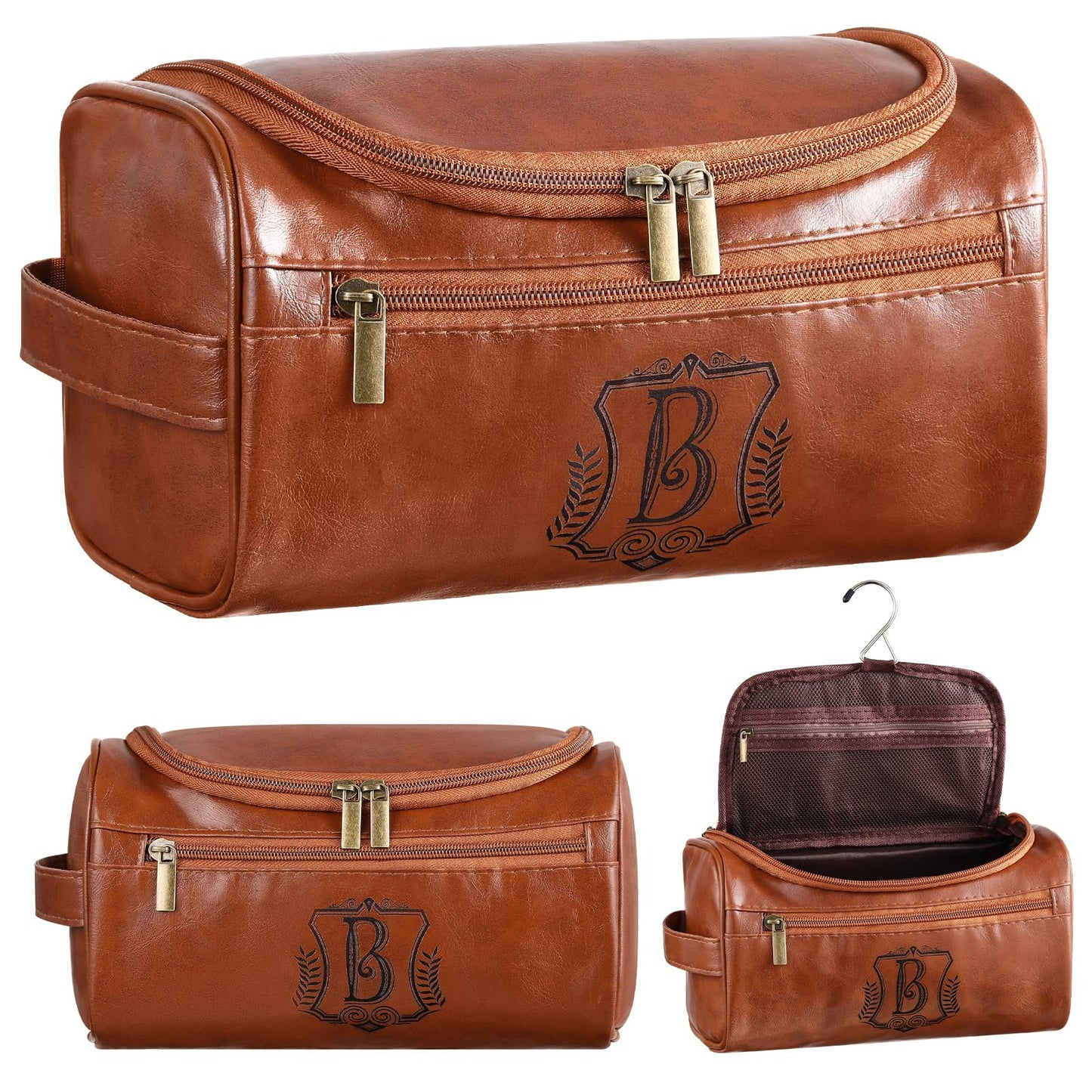 Sadnyy Father's Day Personalized Leather Toiletry Bag for Men Initial Travel Bag with Hook Monogrammed Toiletry Pouch Leather Travel Bathroom Kit with Side Handle for Anniversary Birthday Gifts(B)