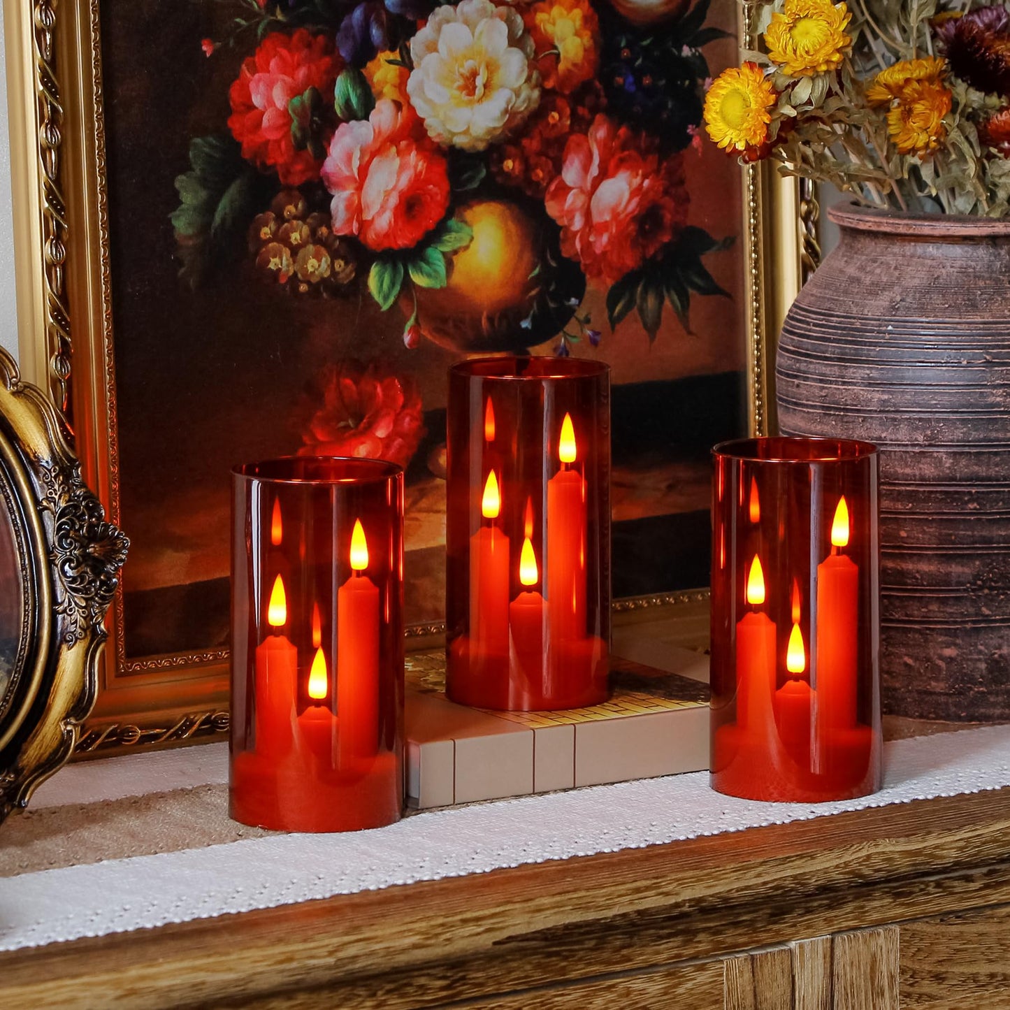 Zevanor 3 in 1 Flameless Taper Short Candles with 10 Key Remote Control and Timer, Battery Operated Pack of 2 LED Acrylic 3" x6" Red Pillar Flickering Warm Light