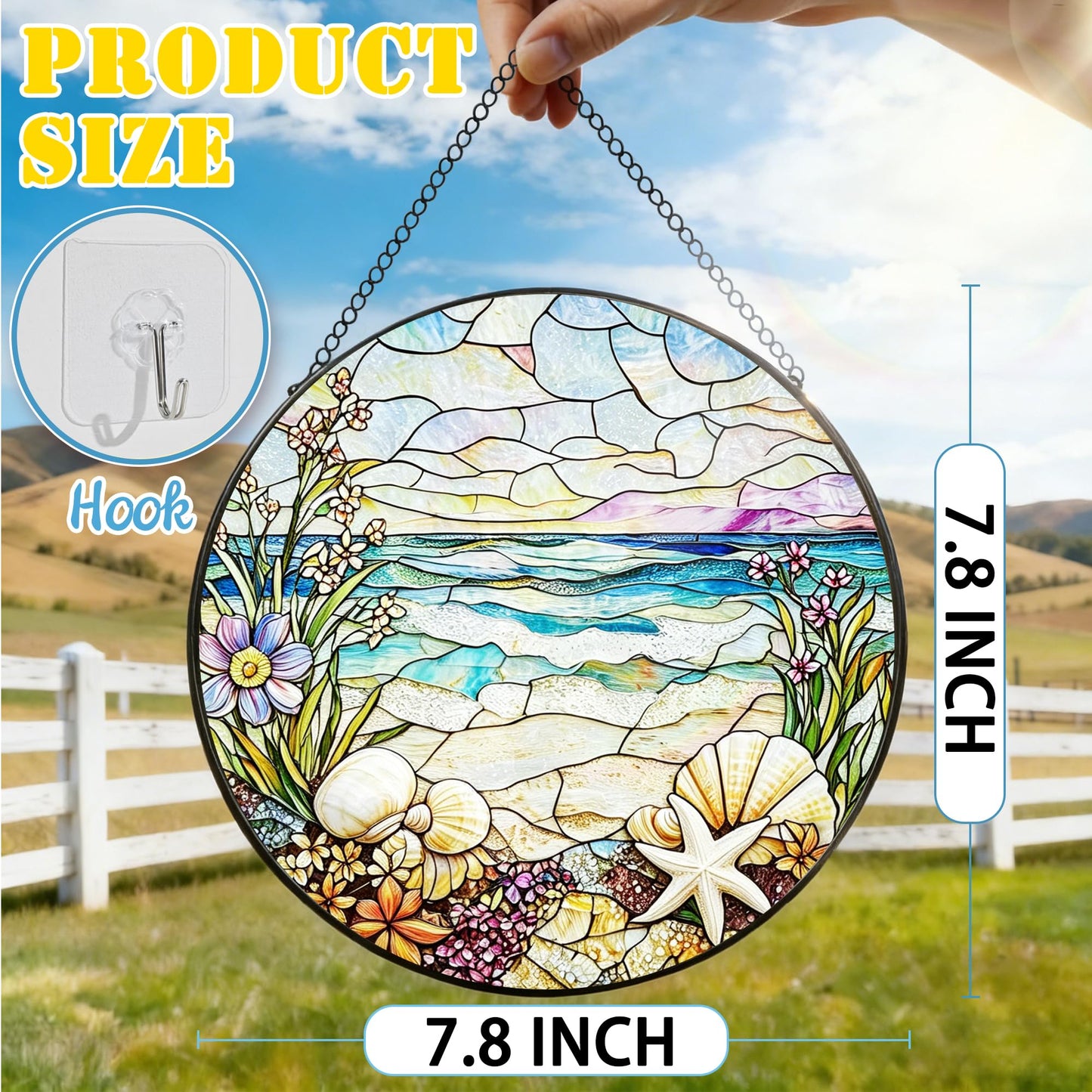 Stained Glass Window Hanging, 7.8 Inch Beach Stained Glass Suncatcher Ornament, Suncatchers for Windows, Doors & Home Decor, Starfish Coastal Window Decor, Summer Lover Gift & Gift for Beach Lovers