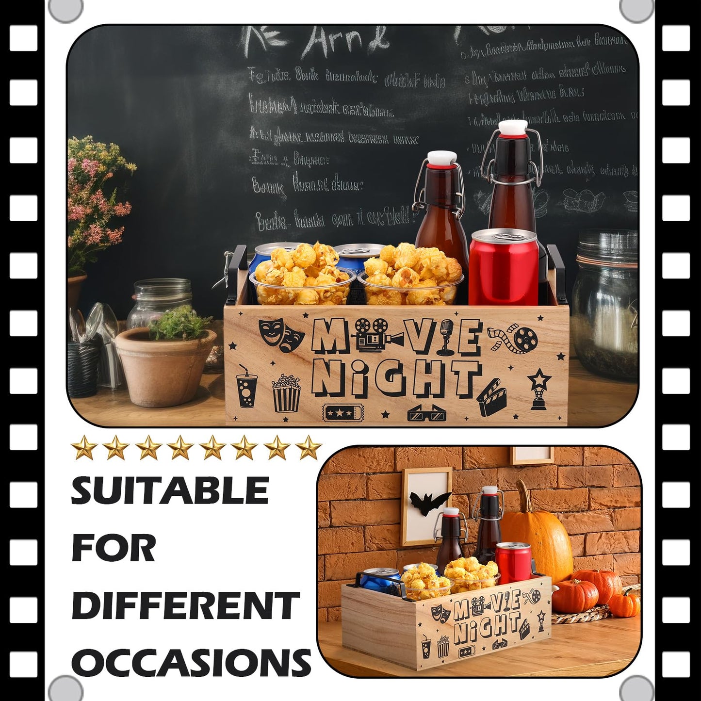 Sliner Movie Night Snack Trays with Handles Reusable Wood Movie Gift Basket Popcorn Bucket Bowl Box Container for Cinema Party Family Theater Christmas Countertop Chips Candy Popcorn Kitchen Supplies