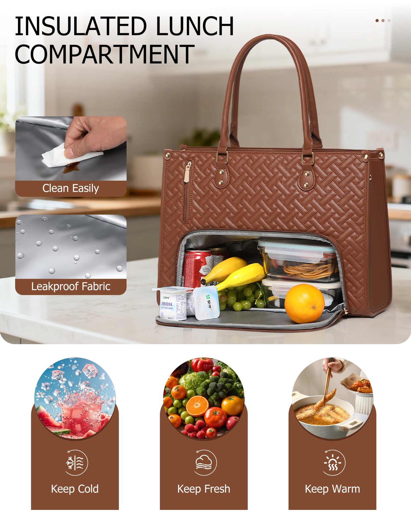 BAVERGE Lunch Tote Bag for Women, Vegan Leather 15.6” Laptop Bag with Insulated Compartment Quilted Purse for Work Teacher Nurse