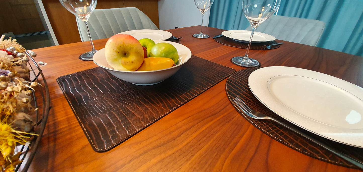 Nikalaz Set of 4 Placemats and 4 Coasters Made of Recycled Leather (18''x13'', Crocodile Embossing)