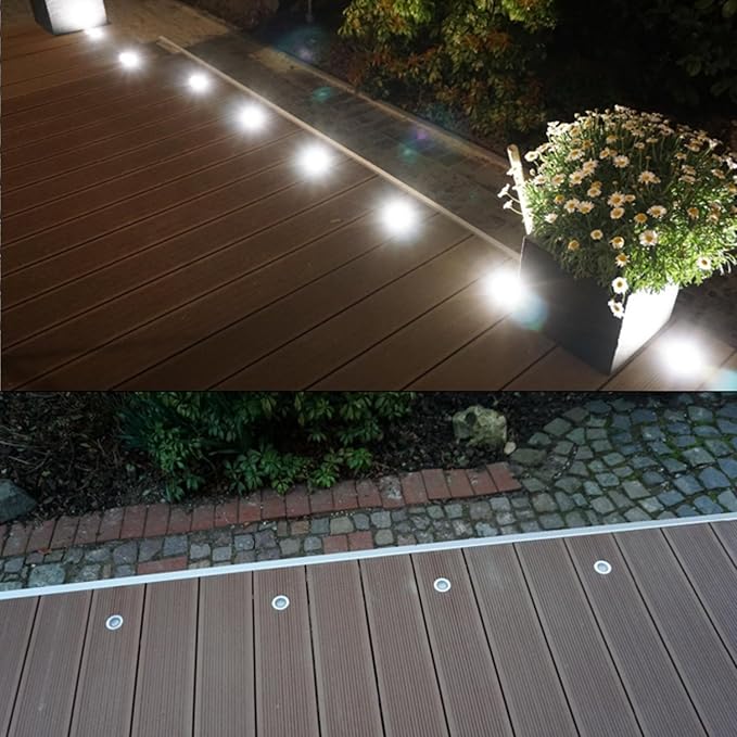Led Deck Lights Outdoor Waterproof Low Voltage Stainless Steel 1W Outdoor Yard Garden Decoration Lamps Landscape Pathway Patio Step Stairs LED Cool White In-ground Lights(Silver Border,1 Pack)