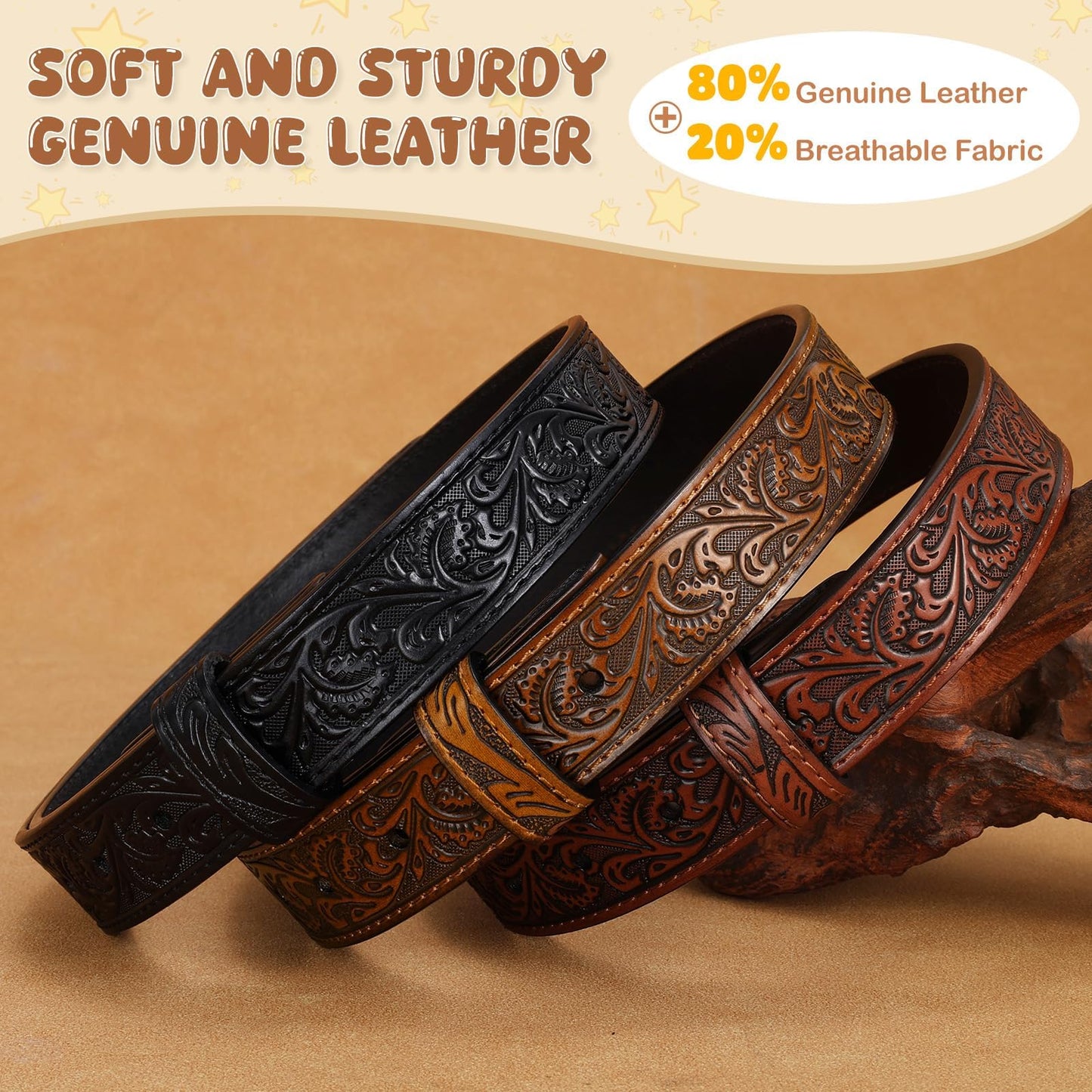 SANSTHS Kids Western Belt for Boys Girls Genuine Leather Cowboy Cowgirl Belts with Detachable Buckle for Jeans Western Gifts, Golden Bull Buckle/Black Belt