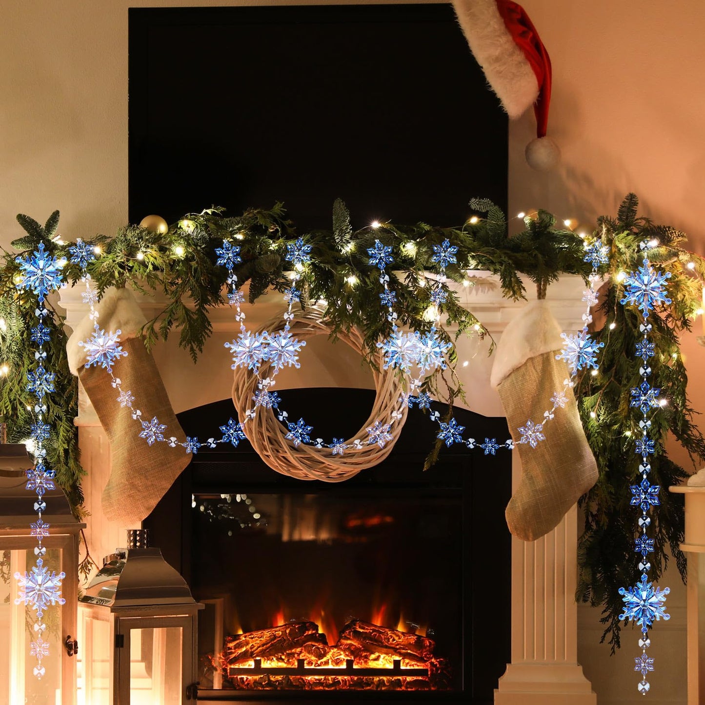 Lewtemi 32.8 Feet Acrylic Snowflake Garland Christmas Ornament Hanging Snow Flake Streamers for Winter Birthday Party Decorations Supplies Xmas Tree (Blue)