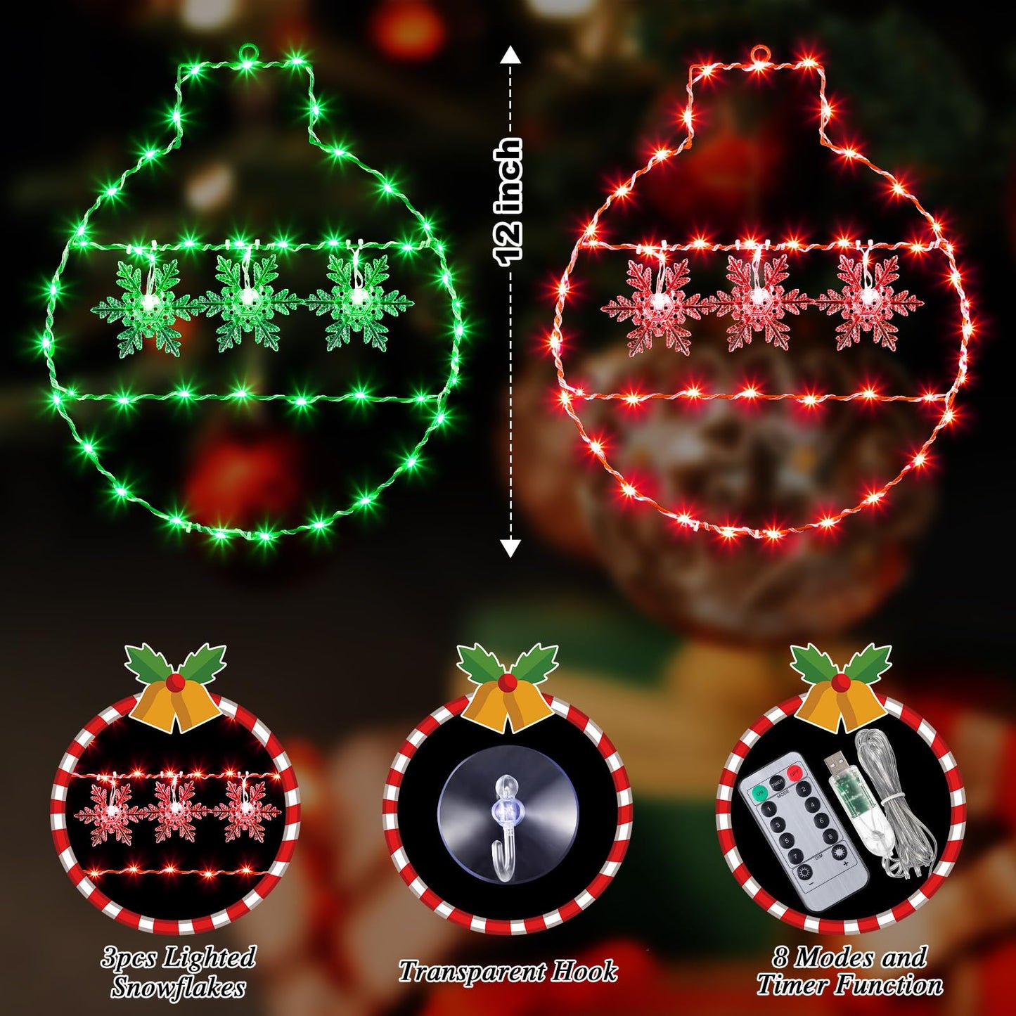 Hiboom 2 Pcs Christmas Window String Lights Decorations, 8 Modes Giant Green and Red LED Christmas Ball Window Lights with Snowflake, USB Powered and Remote Timer for Xmas Indoor Party Decor