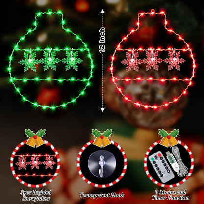 Hiboom 2 Pcs Christmas Window String Lights Decorations, 8 Modes Giant Green and Red LED Christmas Ball Window Lights with Snowflake, USB Powered and Remote Timer for Xmas Indoor Party Decor