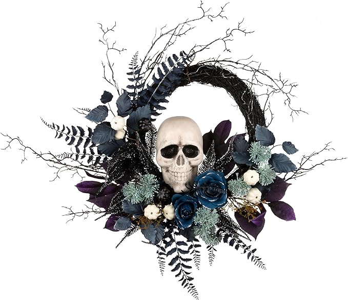 National Tree Company Artificial Halloween Skull Wreath, Black, 24inch