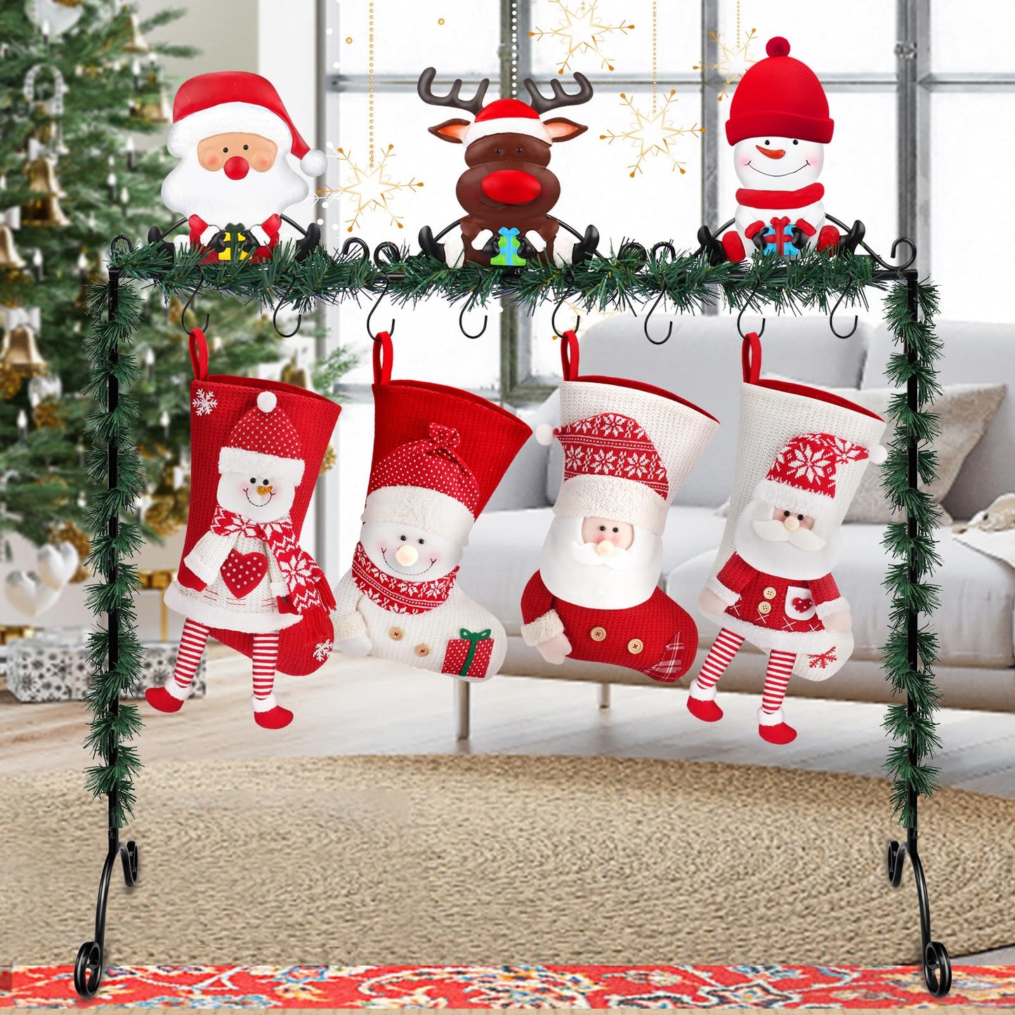 Mukum Christmas Stocking Holder Stand Hangers with 8 Hooks Metal Stocking Holder Freestanding for Floor Christmas Stocking Holders Christmas Decorations