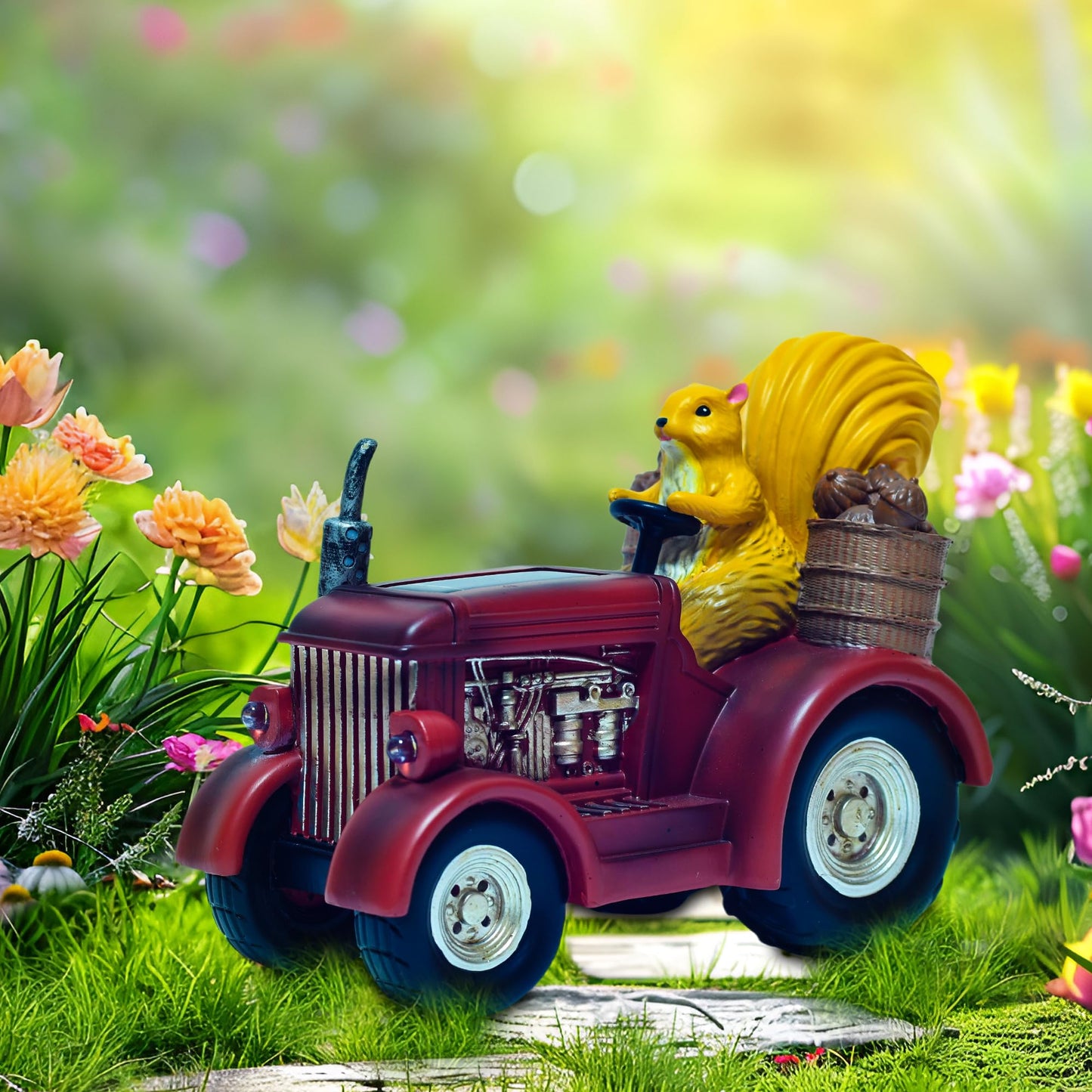 YUETJIN Solar Lighted Squirrel's Farm Tractor Statue, Outdoor Décor for Lawn Garden, Yard, Flower-Pool, Harvest Decoration, Gfit for Father