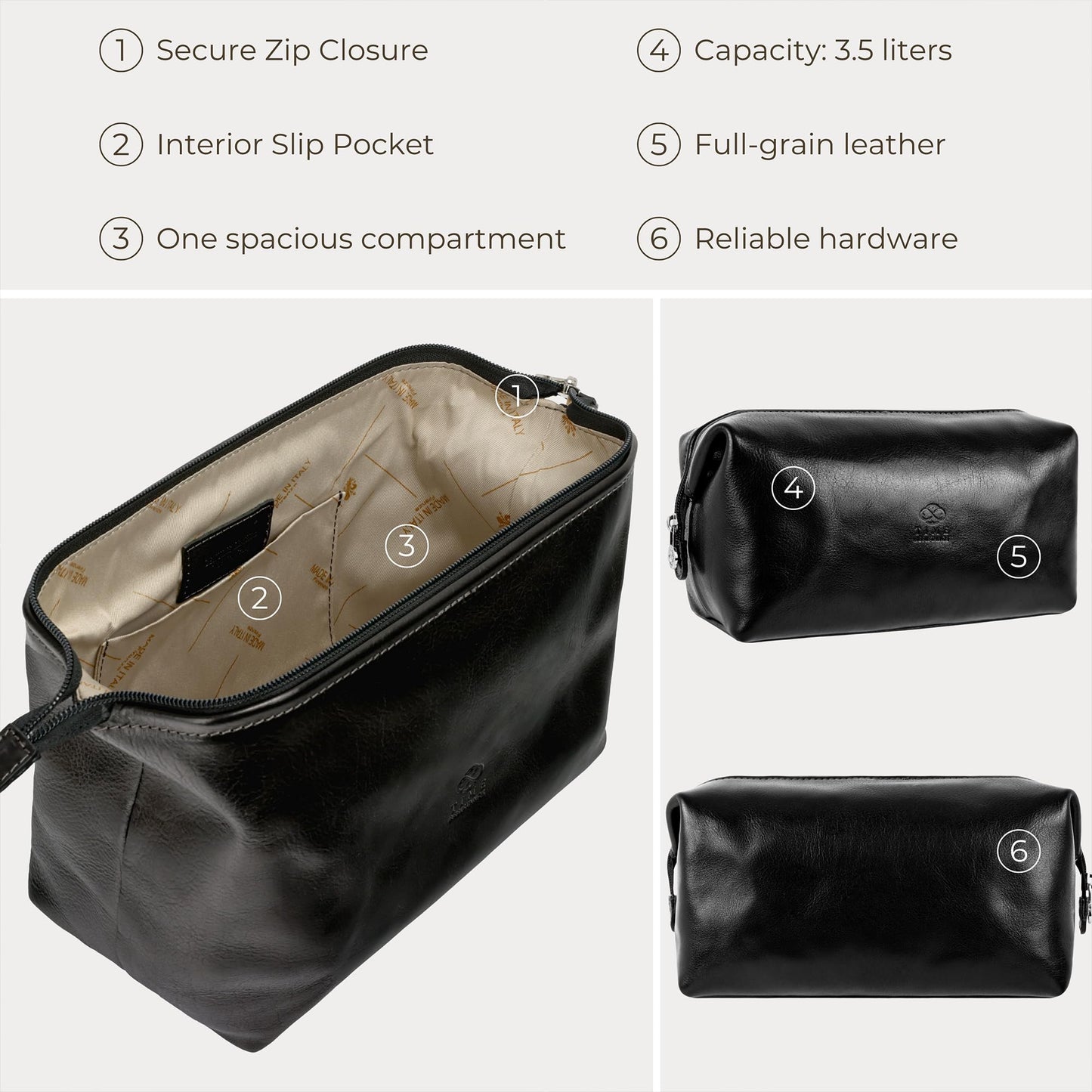Time Resistance Leather Toiletry Bag - Italian Cosmetic Case Dopp Kit (Black)