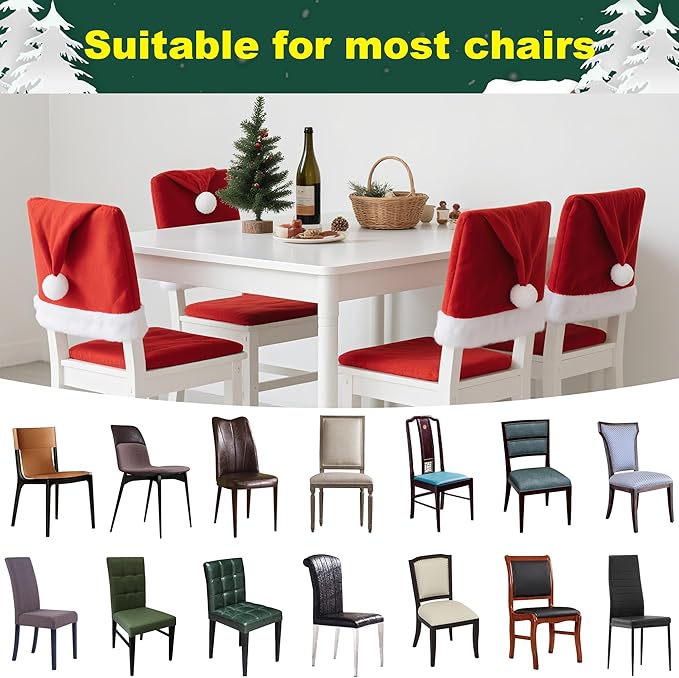 Christmas Chair Covers Hat Chair Back Covers for Xmas Holiday Chair Covers Set of 4, Stretch Parsons Chair Slipcovers Removable Washable kitchen for Home Hotel Banquet Holiday Decoration(4Pcs)