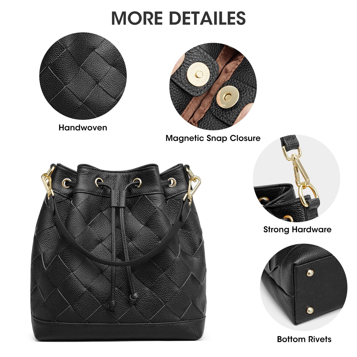 Kattee Woven Genuine Leather Bucket Bags for Women, Drawstring Crossbody Hobo Purses and Shoulder Handbags with 2 Detachable Straps, Black