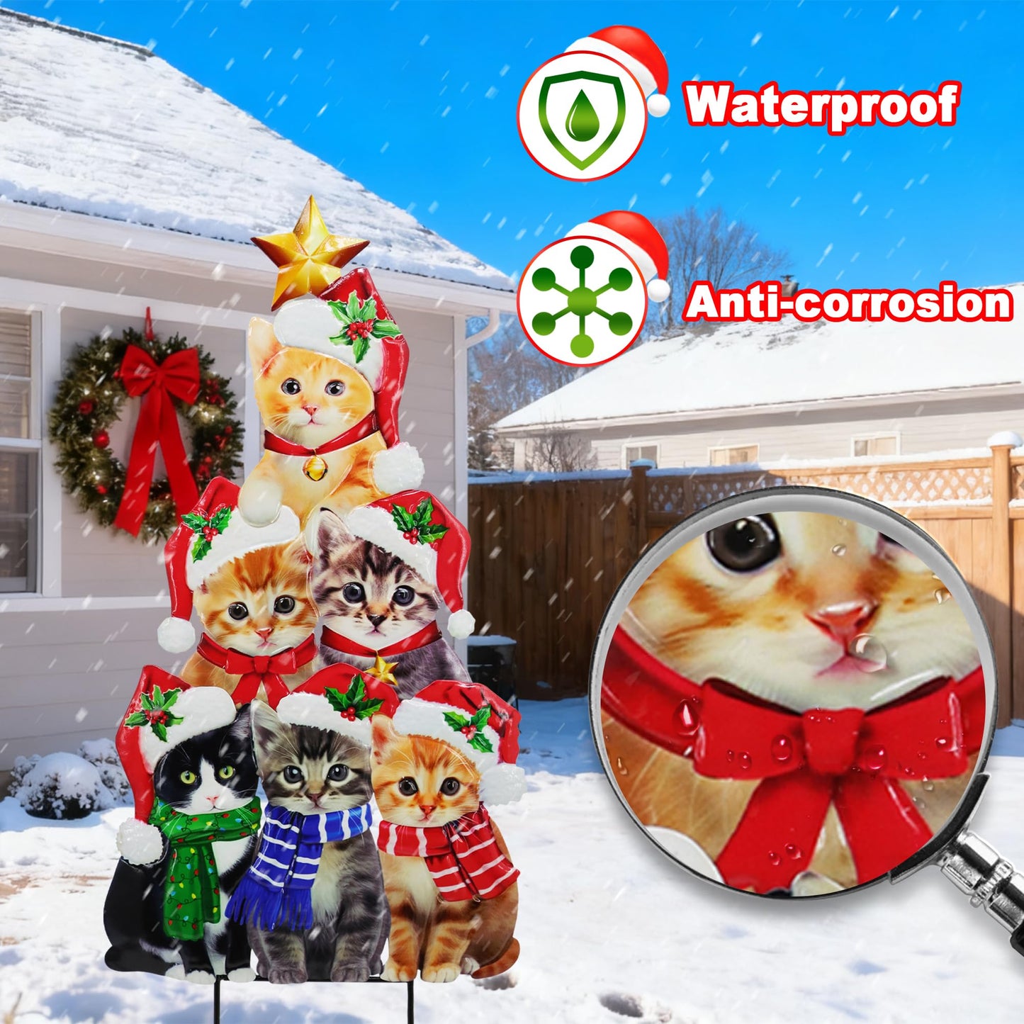 Cute cat Garden Insert, Christmas Art Decoration Yard Sign, Santa hat-Wearing Post, cat Stacking Fun Christmas Tree-Shaped pet Post, Outdoor Lawn Decoration
