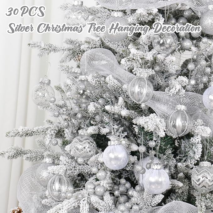 SY Super Bang 30PCS Silver Christmas Ornaments Set, 60MM/2.36" Clear Plastic Shatterproof Ball Ornaments for Christmas Tree Hanging Decorations, for Home Holiday Party Xmas Decor.