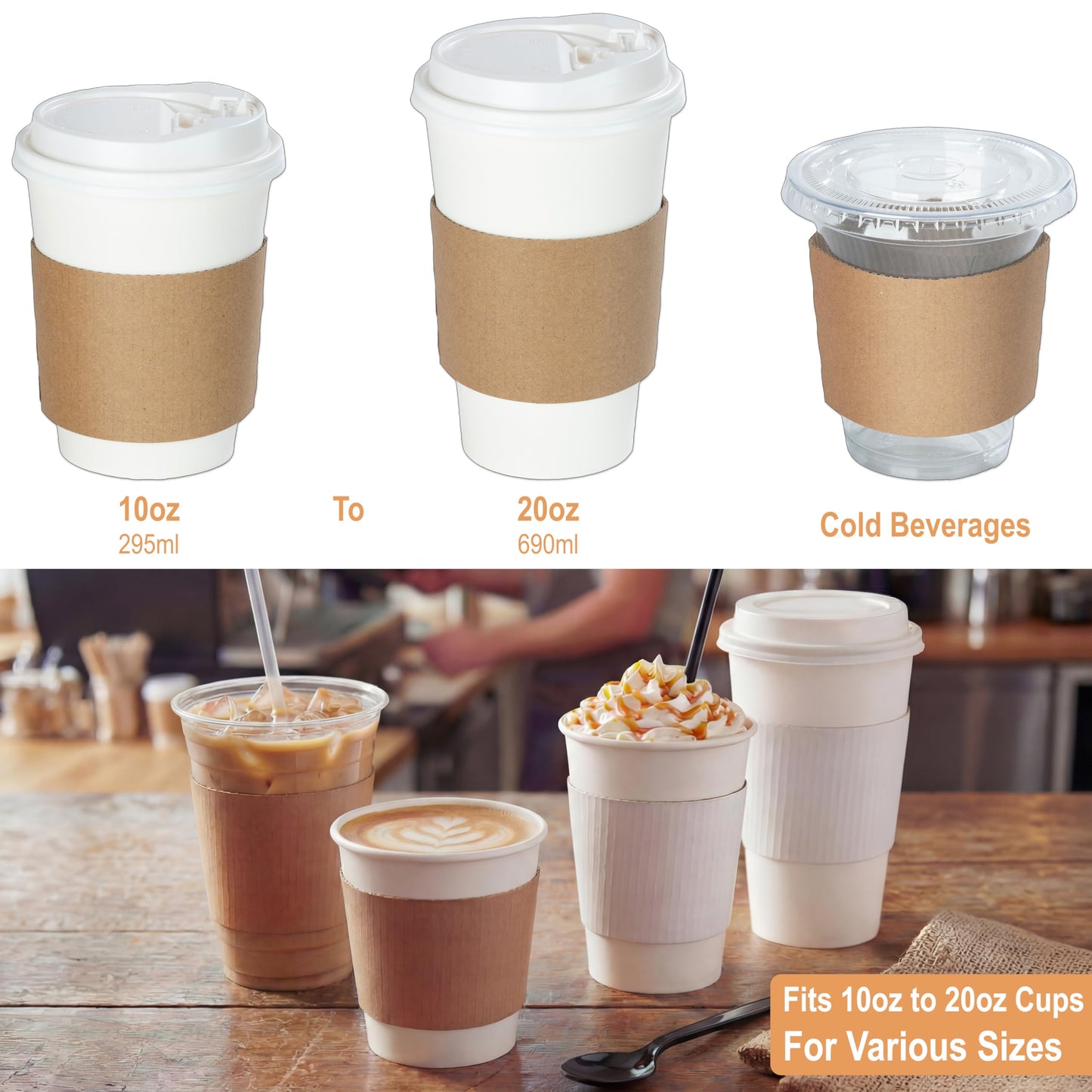 Coffee Sleeves For 10 to 20 oz. Cups (400 Pack) - Disposable Kraft Corrugated Cardboard Paper Jacket For Better Grip, Hot Cold Drinks Holder, Chocolate Milk Tea Beverage Insulator, Hand Protection