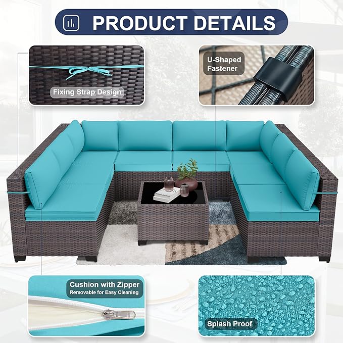 Kurapika 9 Pieces Patio Furniture Set, Rattan Wicker Outdoor Conversation Sets w/4 Inch Cushion and Glass Coffee Table(Blue)
