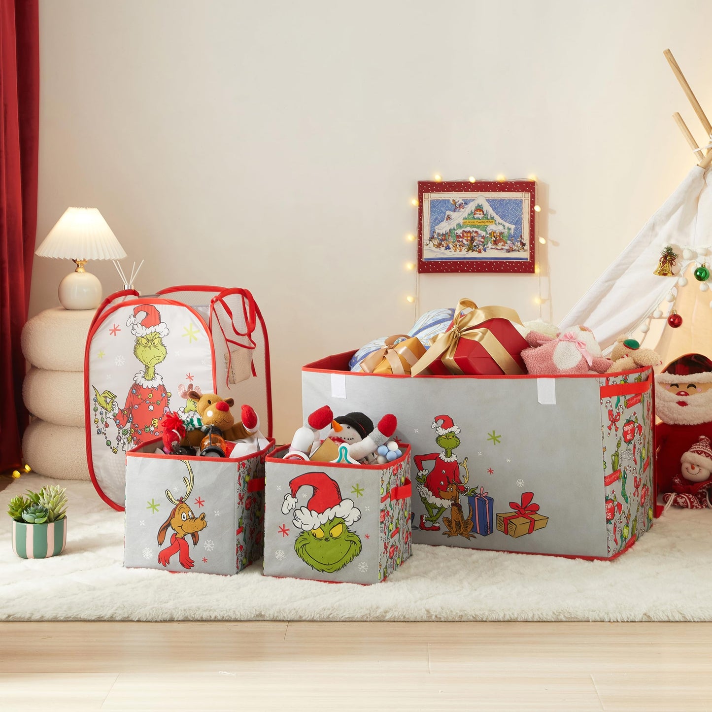 Idea Nuova Storage Cubes for Kids,2 Pack Collapsible Fabric Bins with Handles, Holiday Organizer Boxes for Bedroom, Playroom & Nursery, Festive Christmas Storage Baskets,Grinch Dr. Seuss