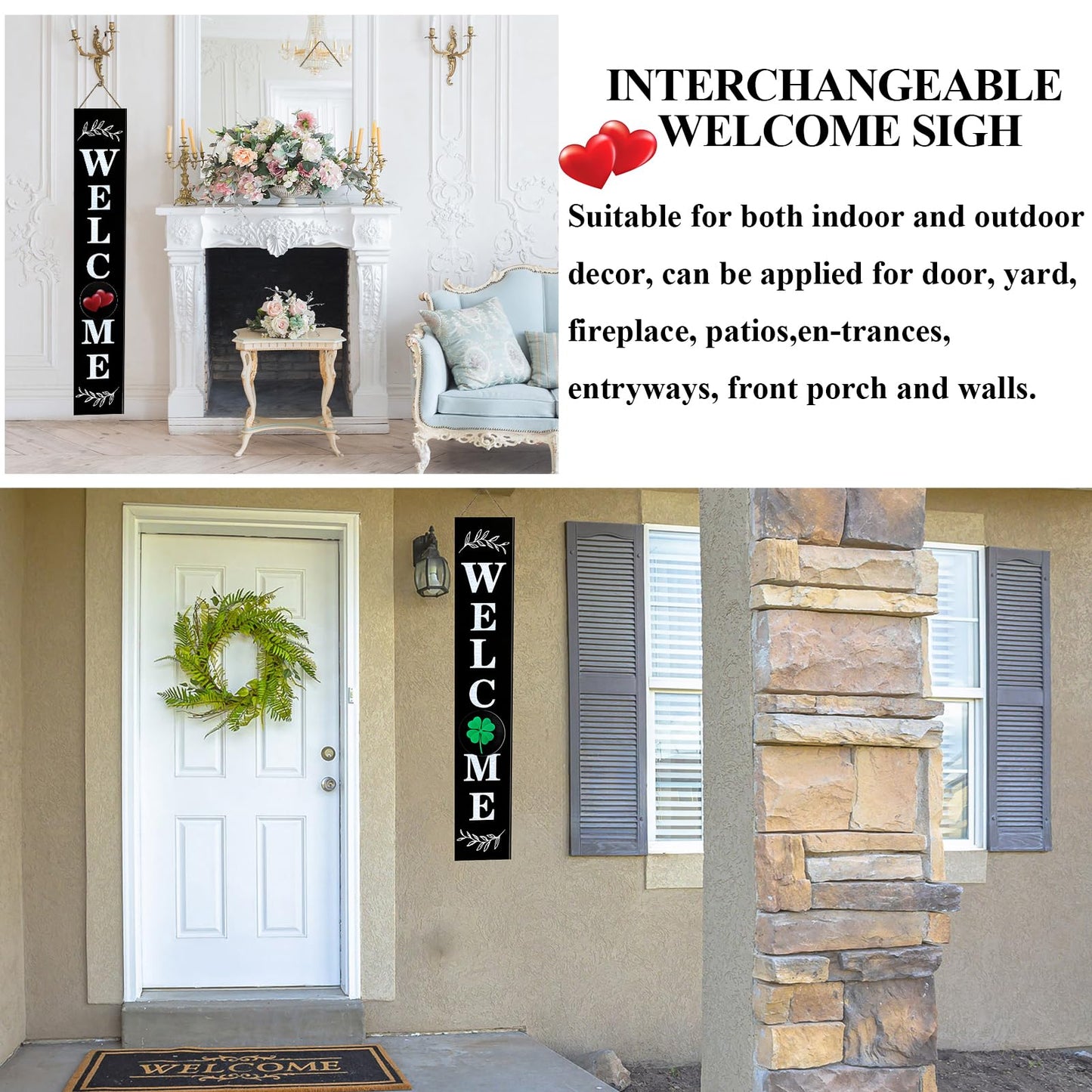 Consevisen Welcome Sign for Front Door Porch Standing, Interchangeable 47 x 7.9 Inch Outdoor Vertical Wooden Welcome Sign with 12 Seasonal Icons for Spring Fall Christmas Easter Farmhouse Home Decor