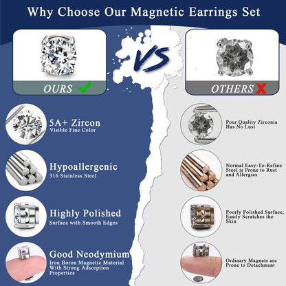 MILACOLATO 2 Pairs Stainless Steel Magnetic Stud Earrings for Men Women Non-piercing CZ Hypoallergenic 4-10mm