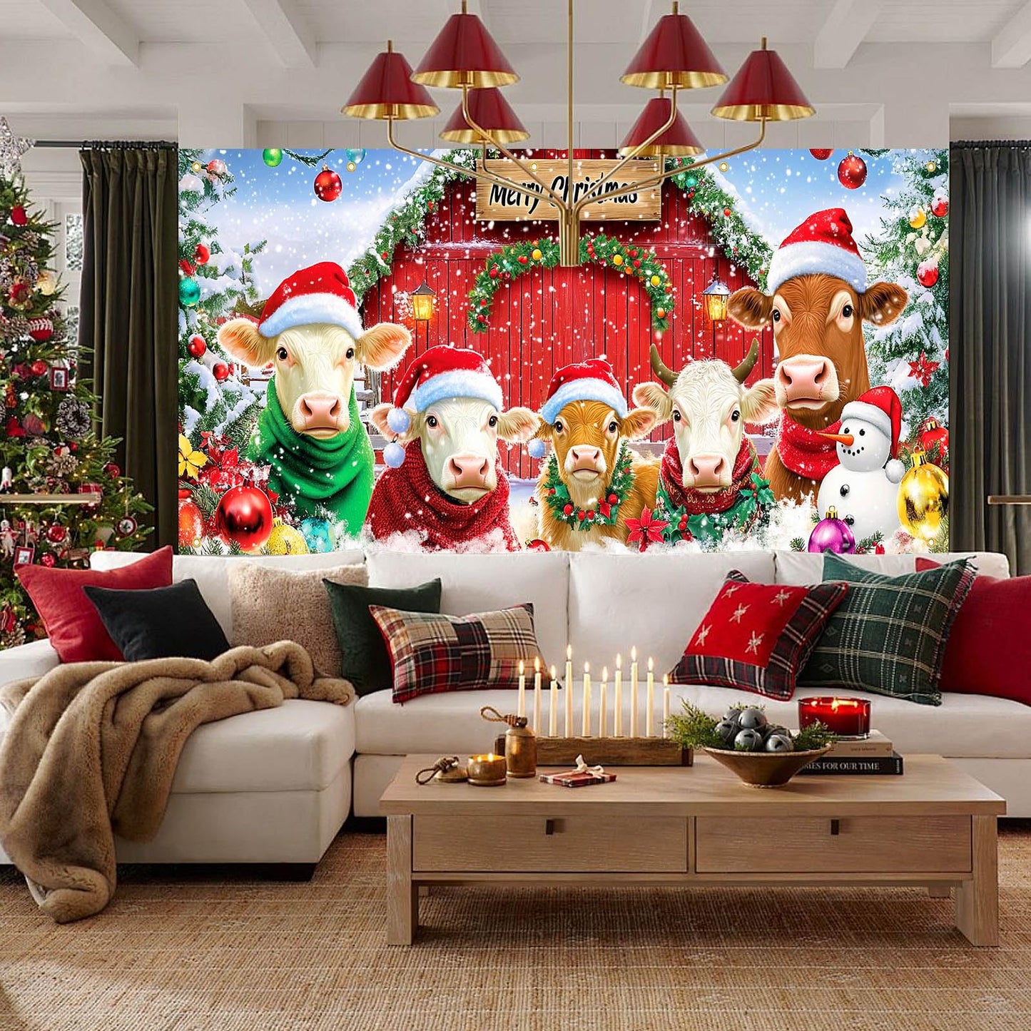 HOMETITUTE Merry Christmas Garage Door Banner 13x6ft Cows Farm Animals Barn Theme Backdrop Banners for Inside Winter Door Cover Banners for Outside Garage Wall Covering Party Decorations