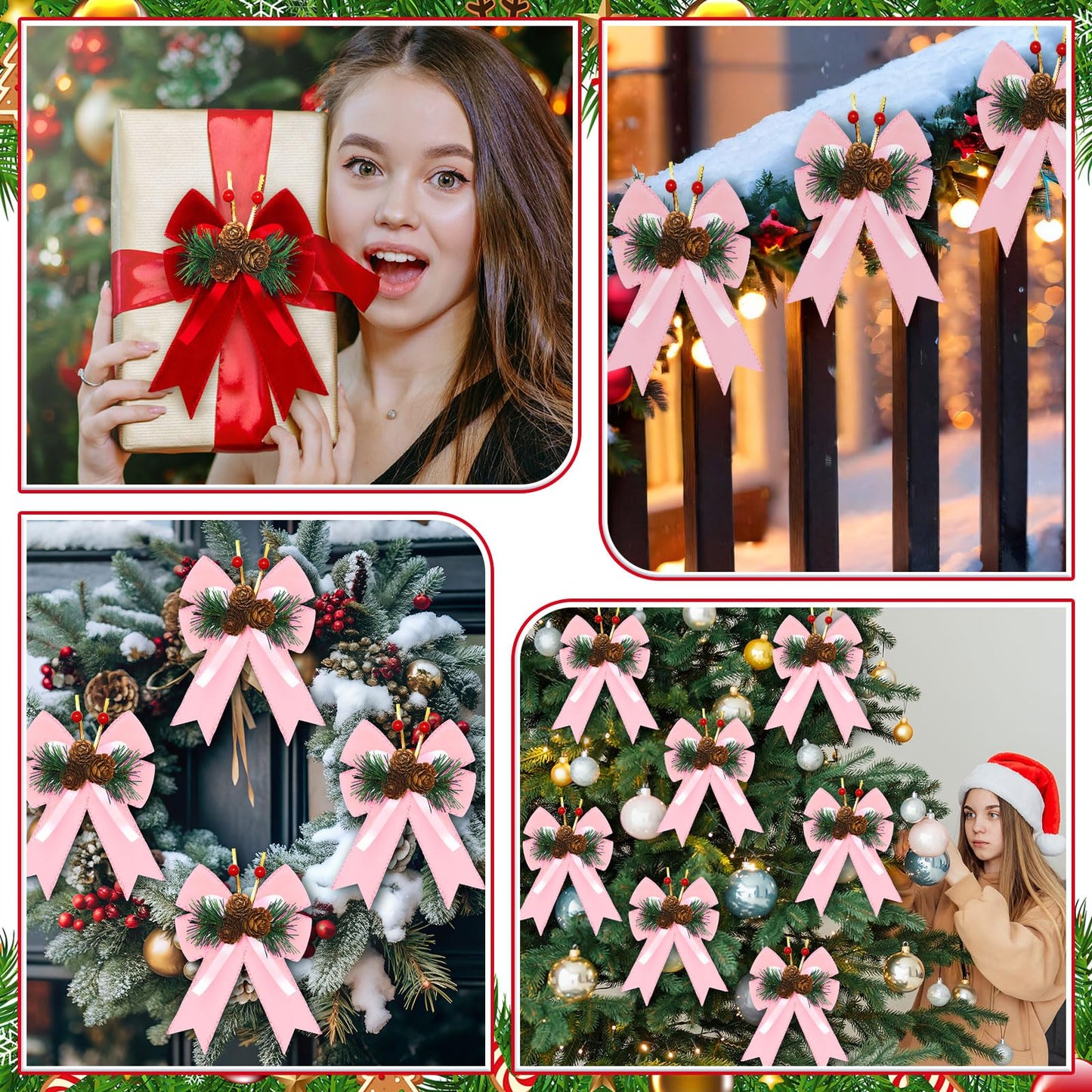 Syhood 6 Pcs Christmas Velvet Bow with Pine Cones Pine Needles Berries Xmas Pink Ribbon Bow Ornaments 6.3 x 5.1 Inch for Christmas Tree Wreath Garden Fireplace Crafts DIY Decor