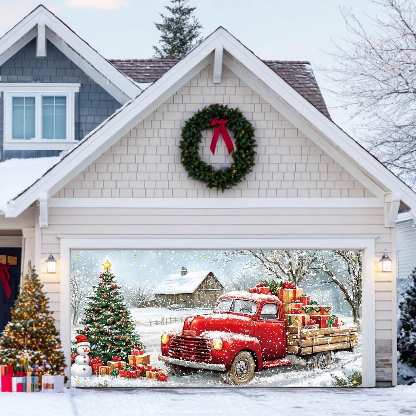 HOMETITUTE Christmas Garage Door Banner 13x6ft Red Truck Christmas Tree Snowman Barn Theme Backdrop Banners for Outside Inside Winter Door Cover Garage Wall Covering for Party Garage Decorations