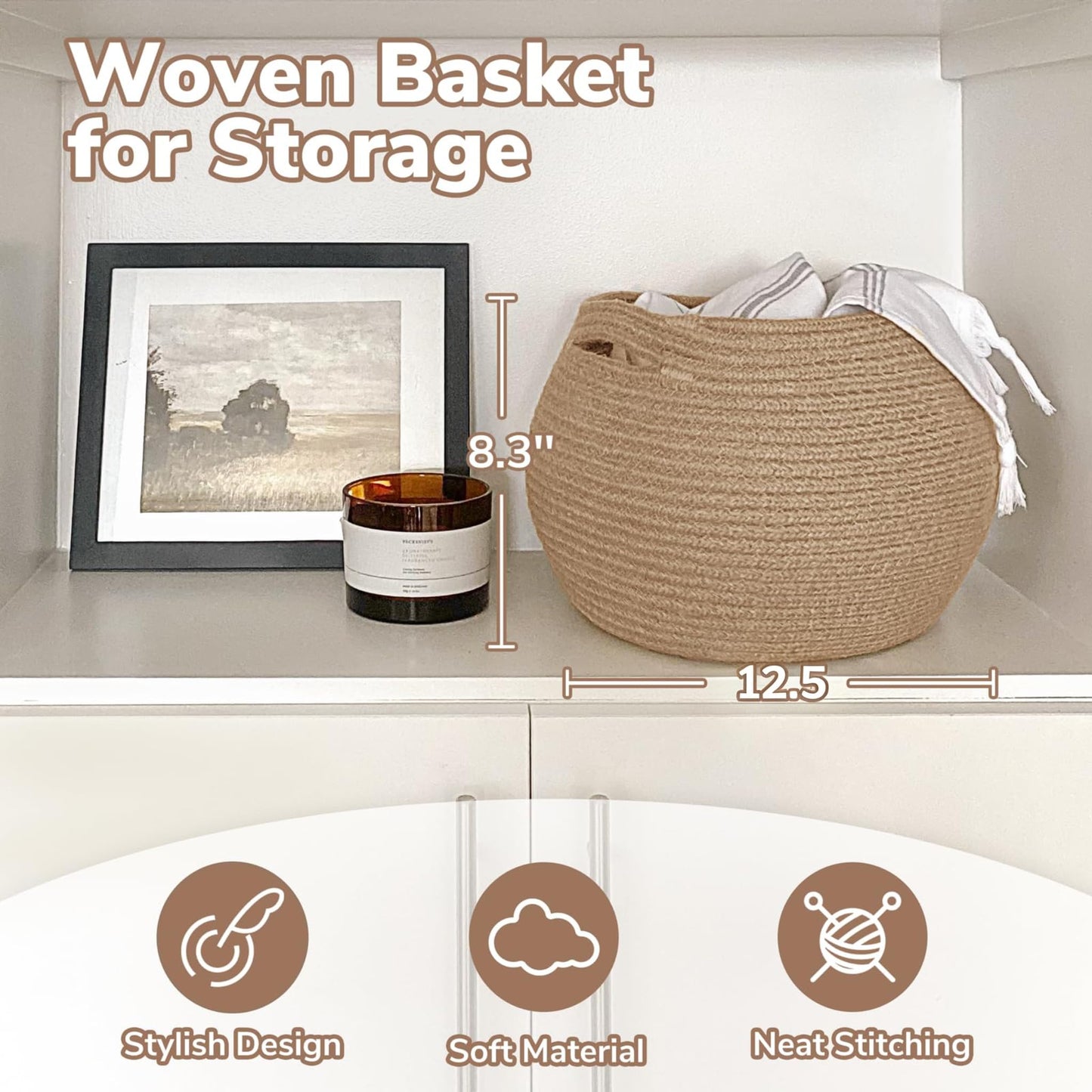 Goodpick Wicker Storage Basket for Living Room, Small Round Woven Basket for Toys, Towel, Bedroom, Children Corner Decoration Plant Baskets Indoor, Jute, 12.5"D x 8.3"H