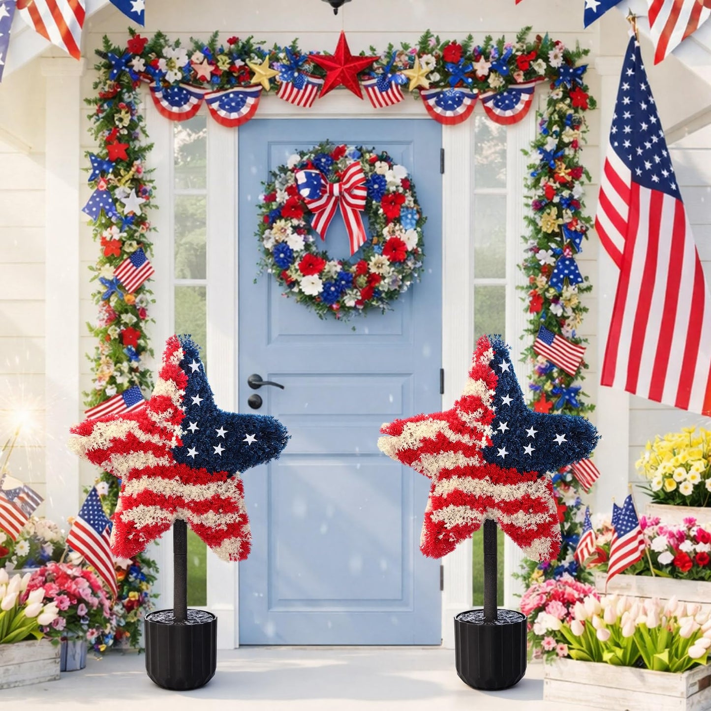 Sureio 2 Pack Patriotic Front Porch Decorations 25.6 Inch Red White Blue Star Topiary Trees for 4th of July Outdoor Decor Front Door Entryway Garden Independence Day