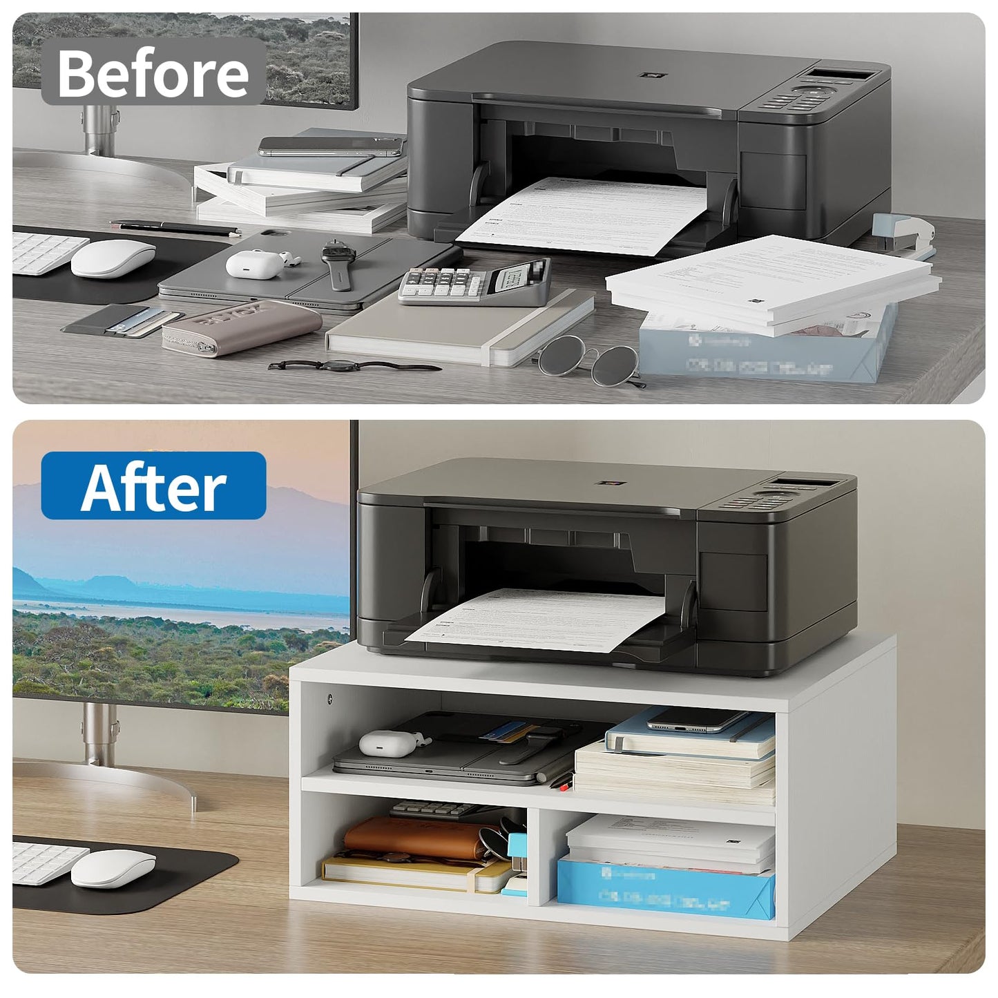 ALISENED Printer Stand for Desk, 2-Tier Wooden Desk Organizer with Adjustable Compartments, Heavy Duty Desktop Stand for Printer Scanner Monitor, Space Saving Office Organization and Storage, White